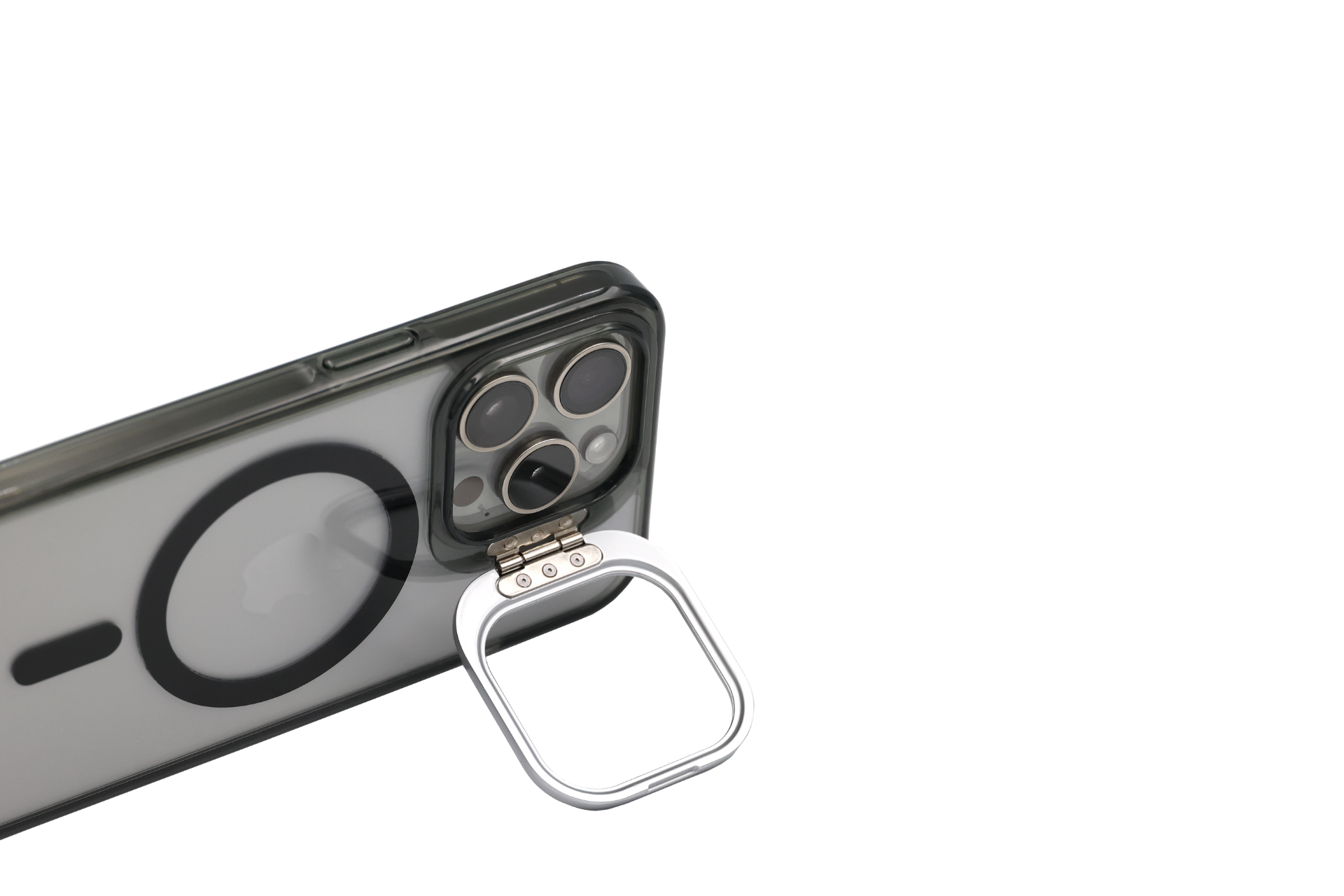 JOWUA Taiwan MagSafe 透明支架保護殼(iPhone 15/14/13 系列)展示於白色背景,手機背面可見磁吸配件支架環。.