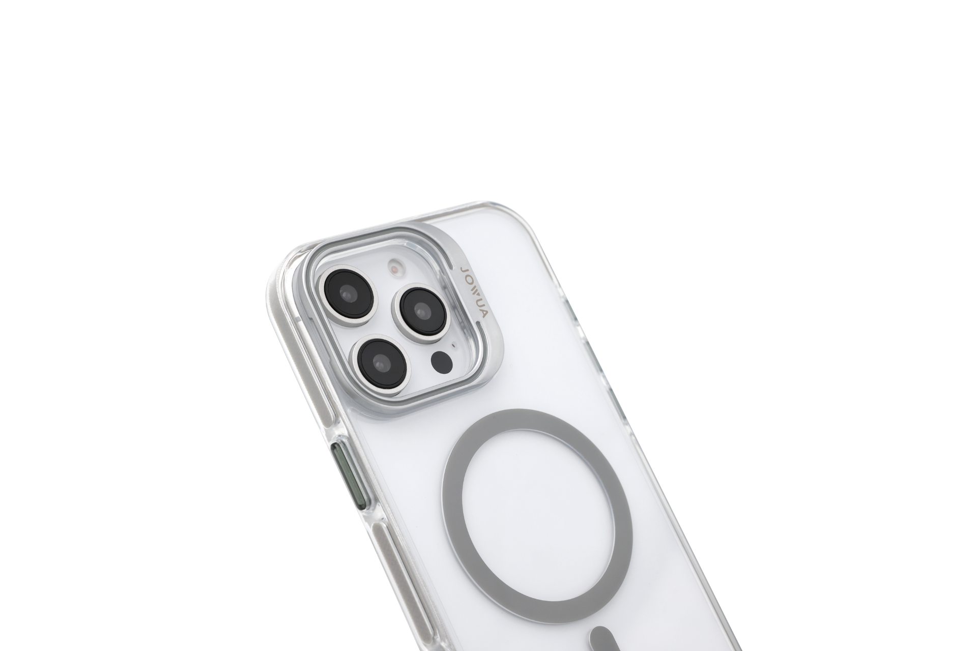 JOWUA 台灣 MagSafe 透明支架保護殼+掛繩夾片組(適用於 iPhone 16)透過其清晰、纖薄的設計和圓形 MagSafe 無線充電圖案,優雅地展示了三鏡頭設置,全部以純白色背景為背景。.