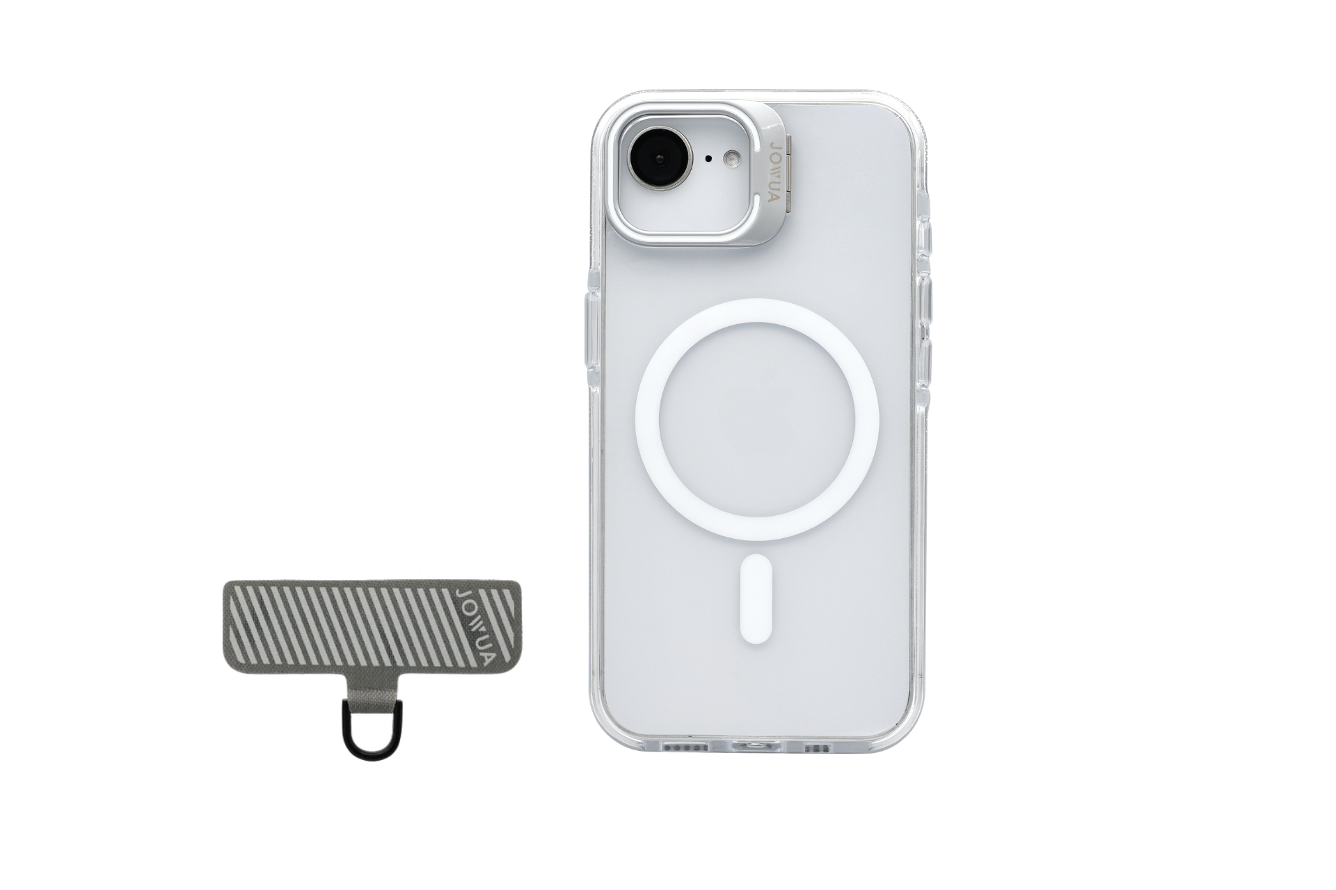適用於 iPhone 16 的 JOWUA 台灣 MagSafe 透明支架保護殼+掛繩夾片組的左上角有一個鏡頭附件,並包括一個帶掛鉤的小矩形金屬配件。其圓形和細長的設計可實現無縫無線充電,且顏色均為透亮白色。.