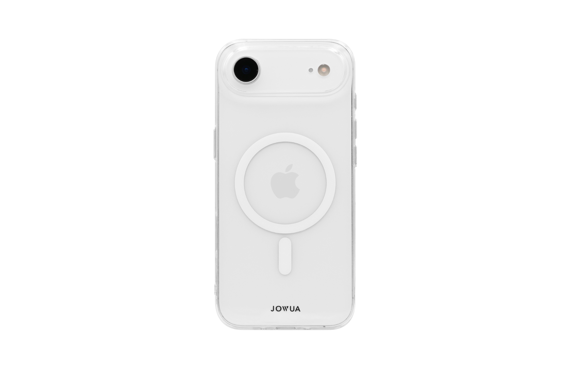 白色背景下的 iPhone 17 搭配晶透 MagSafe 保護殼,顯示圓形 MagSafe 環與 Apple 標誌。JOWUA Taiwan 品牌名稱出現在 MagSafe 保護殼的底部。.