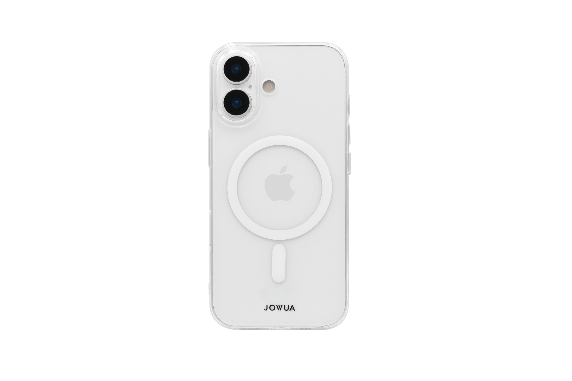 白色的 iPhone 17 搭配 JOWUA Taiwan MagSafe 保護殼,透明的保護殼背面有一個圓形的 MagSafe 環,在純白的背景下展示。.
