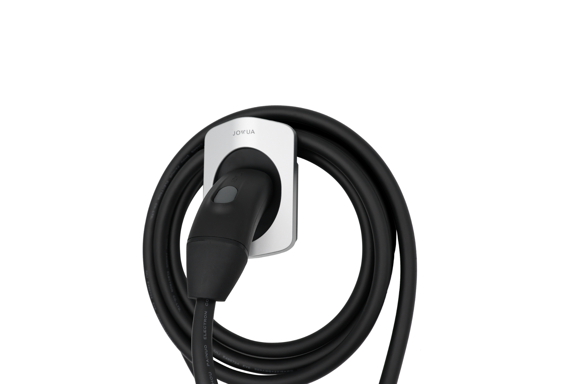 JOWUA Taiwan 雙用行動充電器 (TPC/NACS) 9.6kW|NEMA 14-50轉接器組合,黑色電動車充電線整齊盤繞,插入白色壁掛座,支援特斯拉TPC標準。.