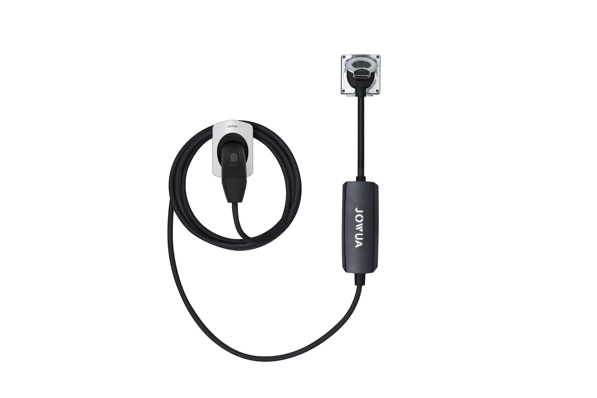 JOWUA Taiwan雙用行動充電器 (TPC/NACS) 9.6kW|NEMA 14-50轉接器組合,黑白設計、一端掛牆、一端插頭,卓越40A/9.6kW充電效能,特斯拉用戶家用或高效旅行選擇。.