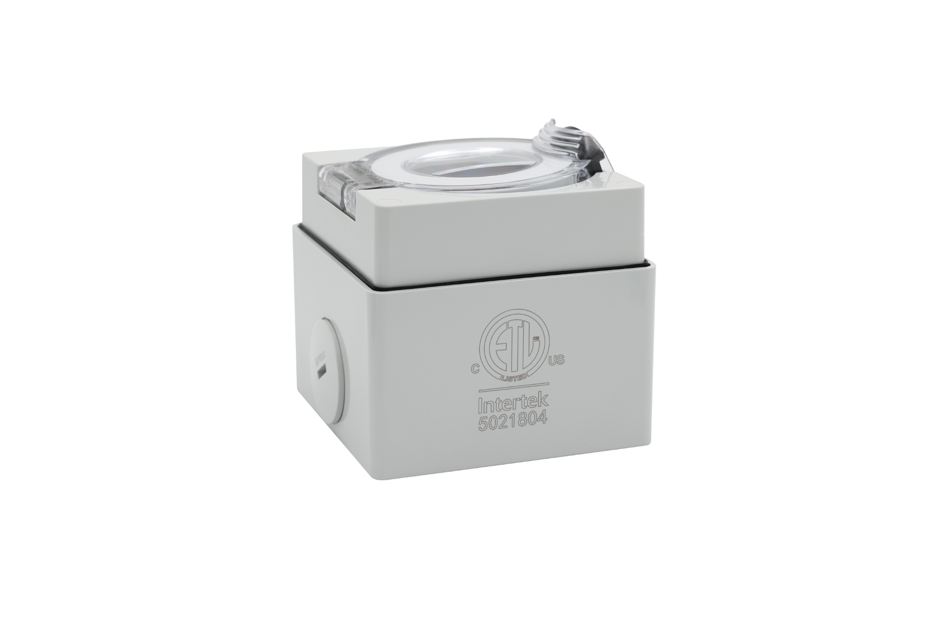 JOWUA 台灣的 NEMA 14-50 防水電源插座盒是一款灰色矩形設備,頂部有一個圓形端口,符合 NEMA 14-50 標準並刻有“Intertek 5021804”等認證。它擁有簡約的工業設計,具有 IP66 防水功能。.