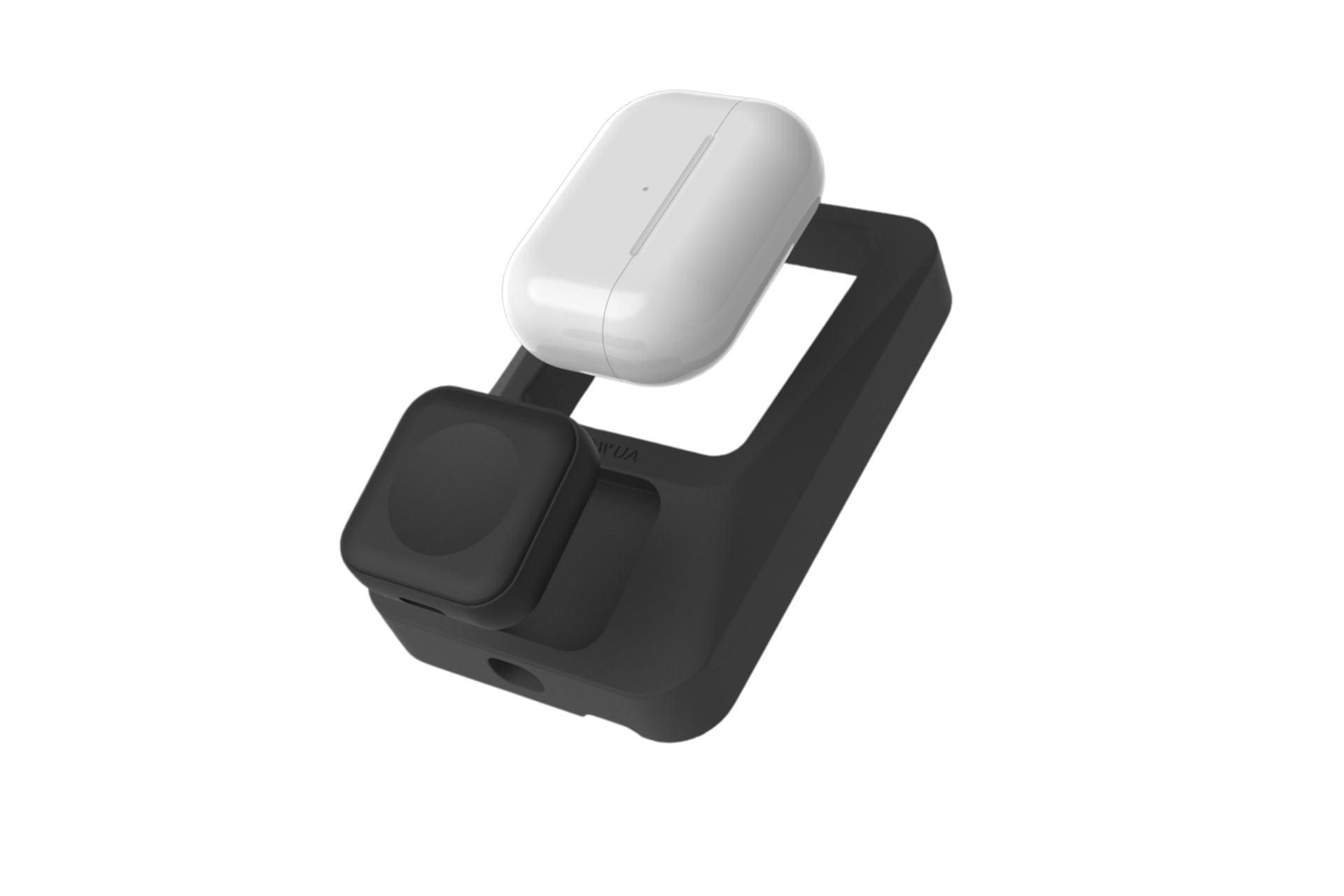 JOWUA 台灣多功能無線充電配件+Apple Watch 無線充電器組合,白色耳機盒位於頂部,Apple Watch 無線充電器位於側邊,原廠盒裝在黑色底座上,以黑色背景襯托。.