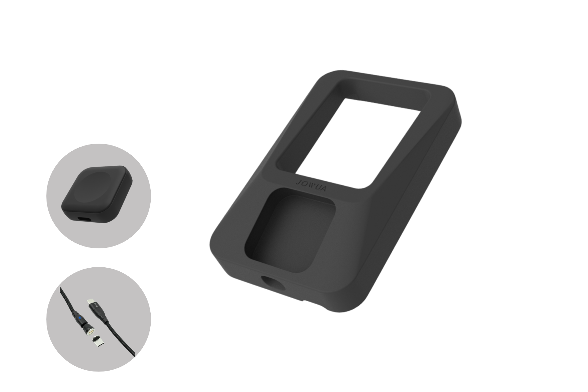 JOWUA 台灣多功能無線充電補充+Apple Watch 無線充電組合包括一個帶有兩個切口的黑色矽膠套、一個配套的保護蓋和一條 USB/micro-USB 充電線,非常適合您的 Apple Watch 無線充電需求。.