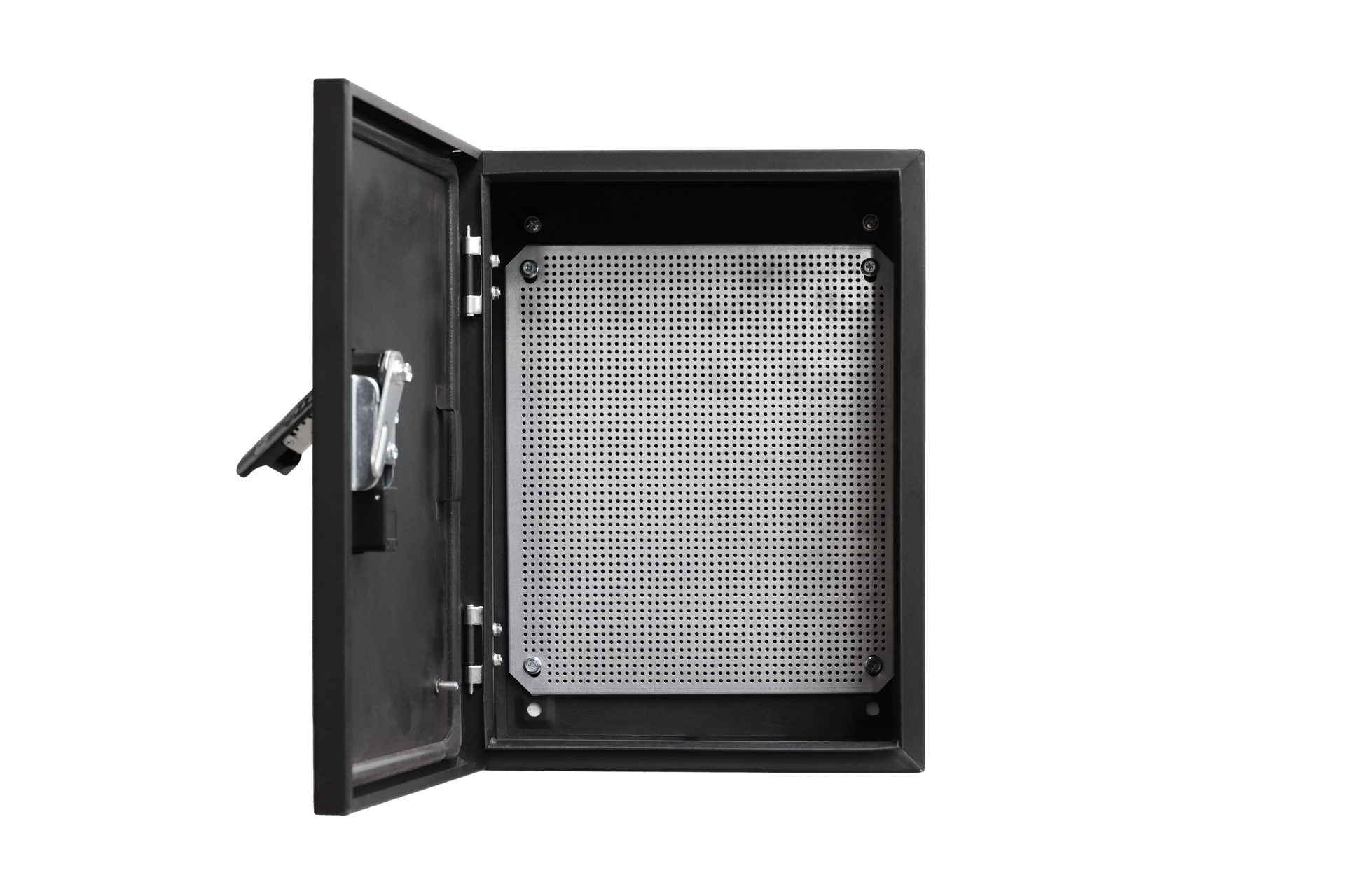 JOWUA Taiwan 配電箱 - 304020 型是一個黑色的金屬箱,箱門打開後,顯示出內部是空的,背板有穿孔,並有堅固的鋅合金密碼鎖作為安全防護。.