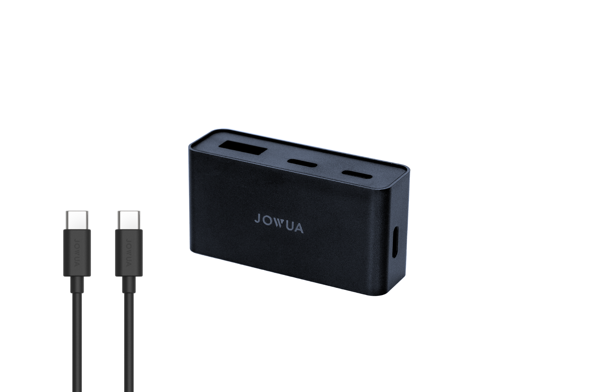 The Jowua Power HUB, a black rectangular charging hub with multiple USB ports, is perfect for 高速充电. Two USB-C cables ideal for efficient energy transfer are placed beside it, showcasing their connectors.