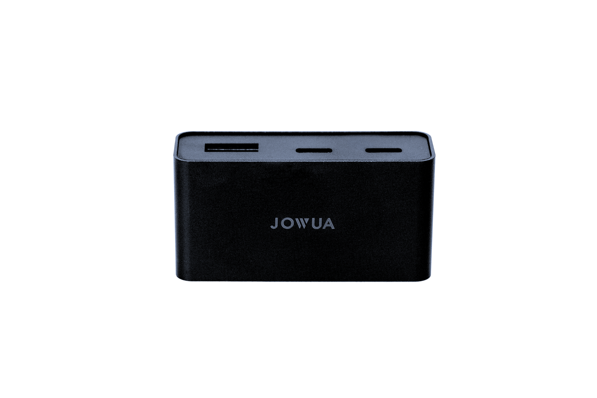 JOWUA 台灣電源 HUB 採用光滑的黑色矩形設計,頂部配有 USB 和 USB-C 高速充電埠。正面的白色“JOWUA”品牌標誌融合了風格與功能。.