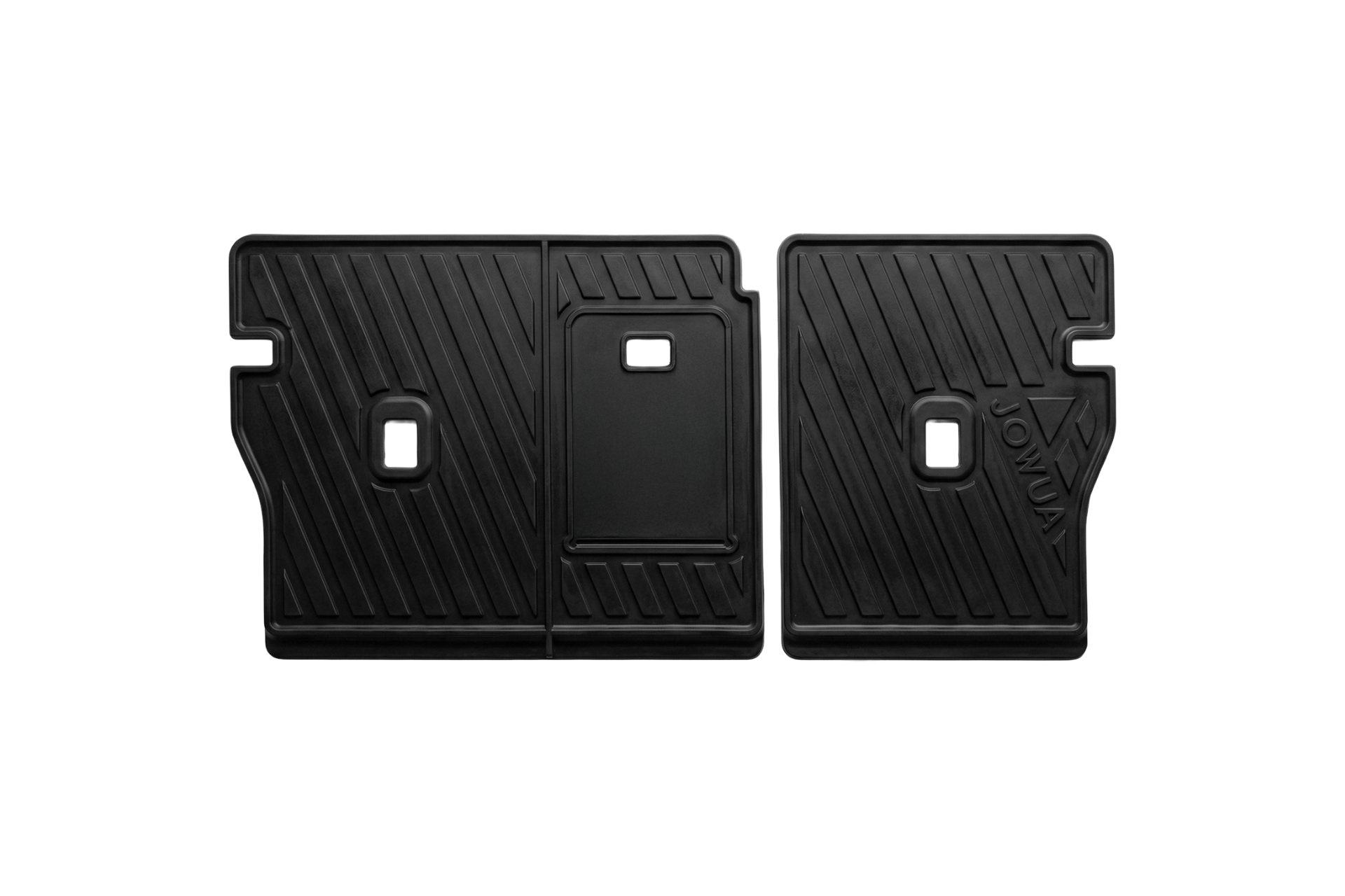 兩張黑色、長方形的 JOWUA Taiwan 防水後排椅背墊 (Foxtron Bria) 以 TPE 製成,上面有凸起的對角凹槽和切口,並排放在白色背景上。右邊墊子上壓印「JOWUA」字樣。.