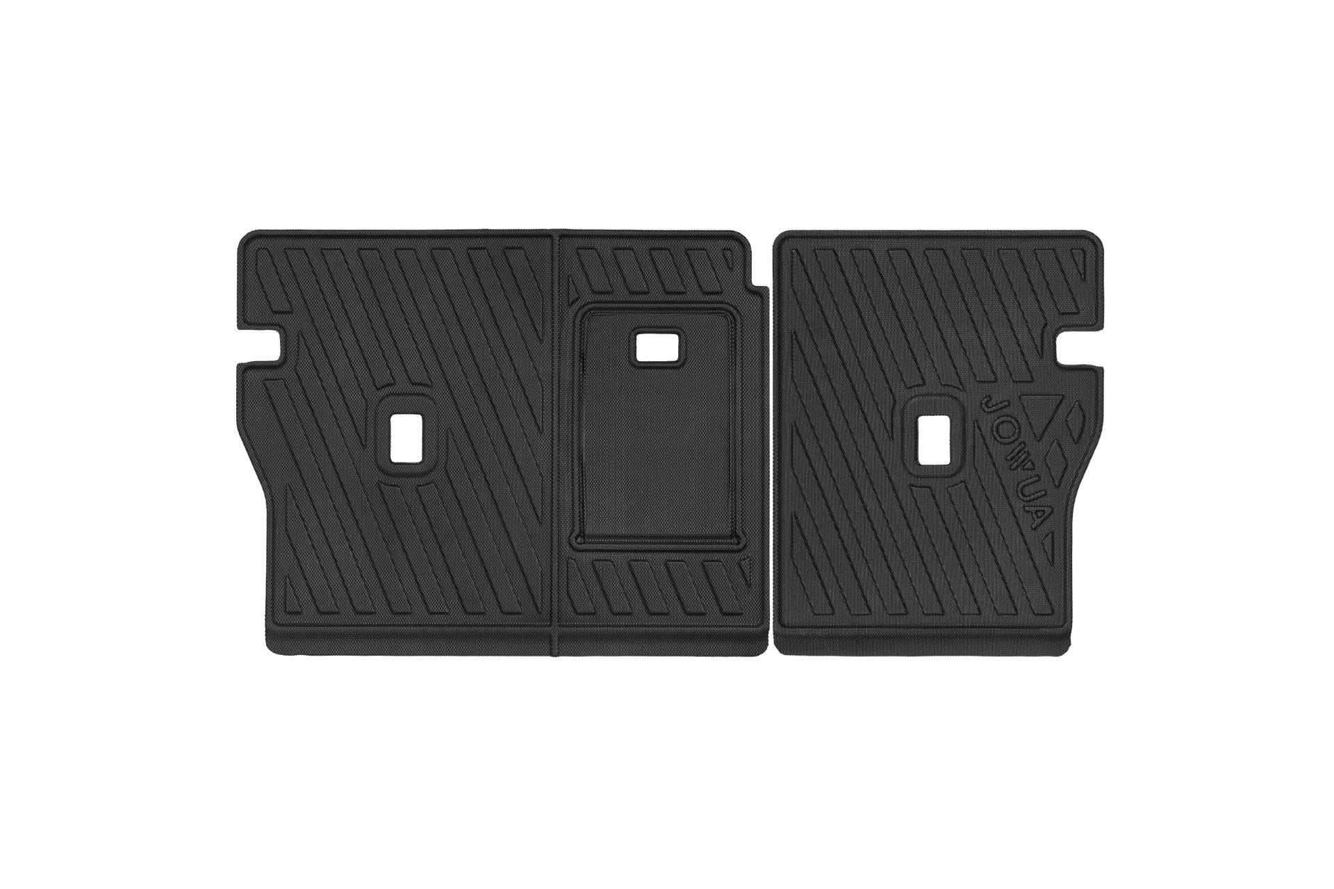 台灣 JOWUA 出品的兩款黑色橡膠防水後排椅背墊 (Foxtron Bria),淺灰色底色上有凸起的溝槽和切口,並排擺放;其中一款有 JOYUA 凹印,是客制車用腳墊或 TPE 防水墊的理想選擇,可為車輛提供可靠的保護。.