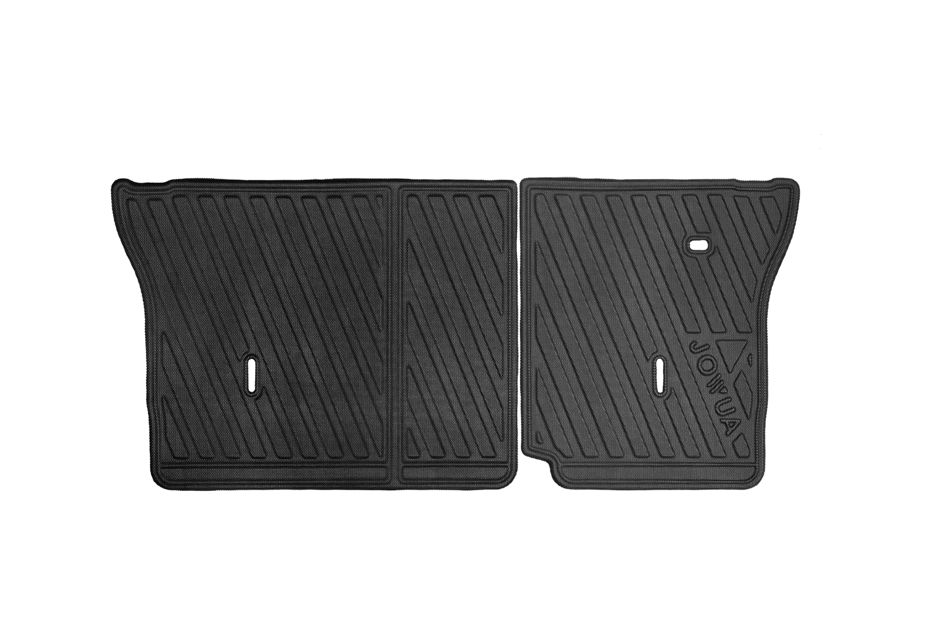 JOWUA 台灣防水第二排椅背墊適用於 LUXGEN n⁷ 7 人座車,是一款客製化的黑色 TPE 汽車腳墊,帶有脊狀圖案和鏤空設計。它具有兩個相連的矩形部分,右側有一個浮雕標誌。.