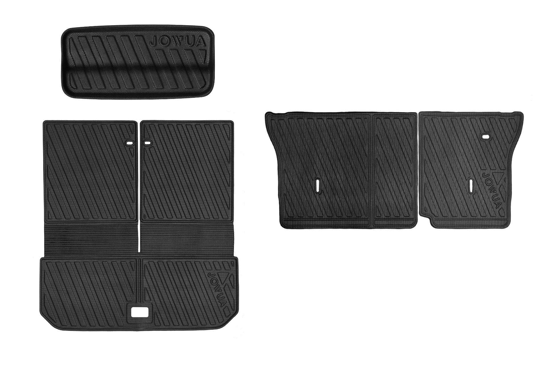 四張黑色立體防水行李廂墊+椅背墊組合 (LUXGEN n⁷ 7人座) 墊子,來自台灣 JOWUA,表面有凹槽紋理,大小和形狀各異,展示在白色背景上。其中兩張墊子上壓印「JOWUA」字樣。.
