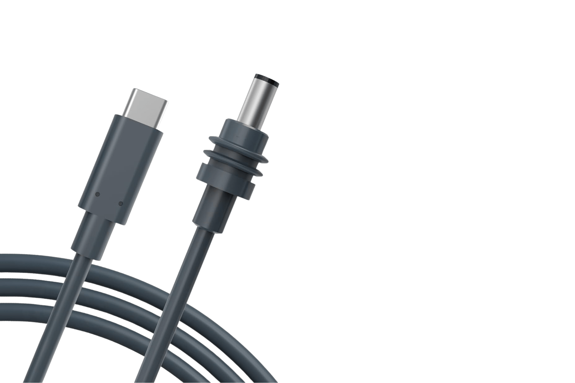 JOWUA Taiwan Starlink USB-C to DC 充電線特寫,採用 USB-C 連接器和桶狀插頭,適合折疊電動滑板車或車用行動冰箱充電,以白色為背景。.