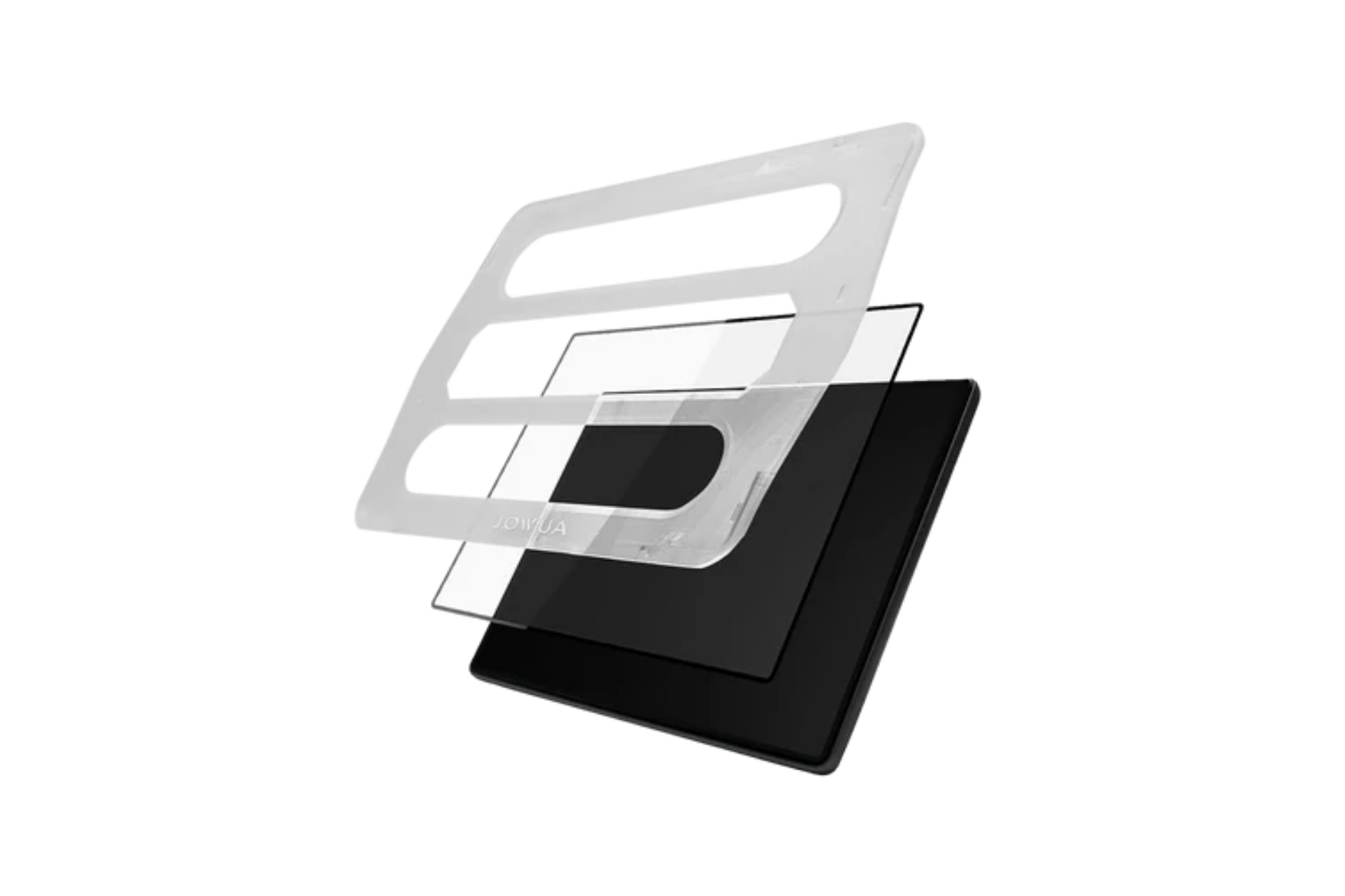 JOWUA Taiwan 玻璃螢幕保護貼 (Foxtron Bria) 的爆炸視圖顯示有四層:一層透明外殼、兩層內層和一個純黑色底座,全部浮在白色背景之上。.