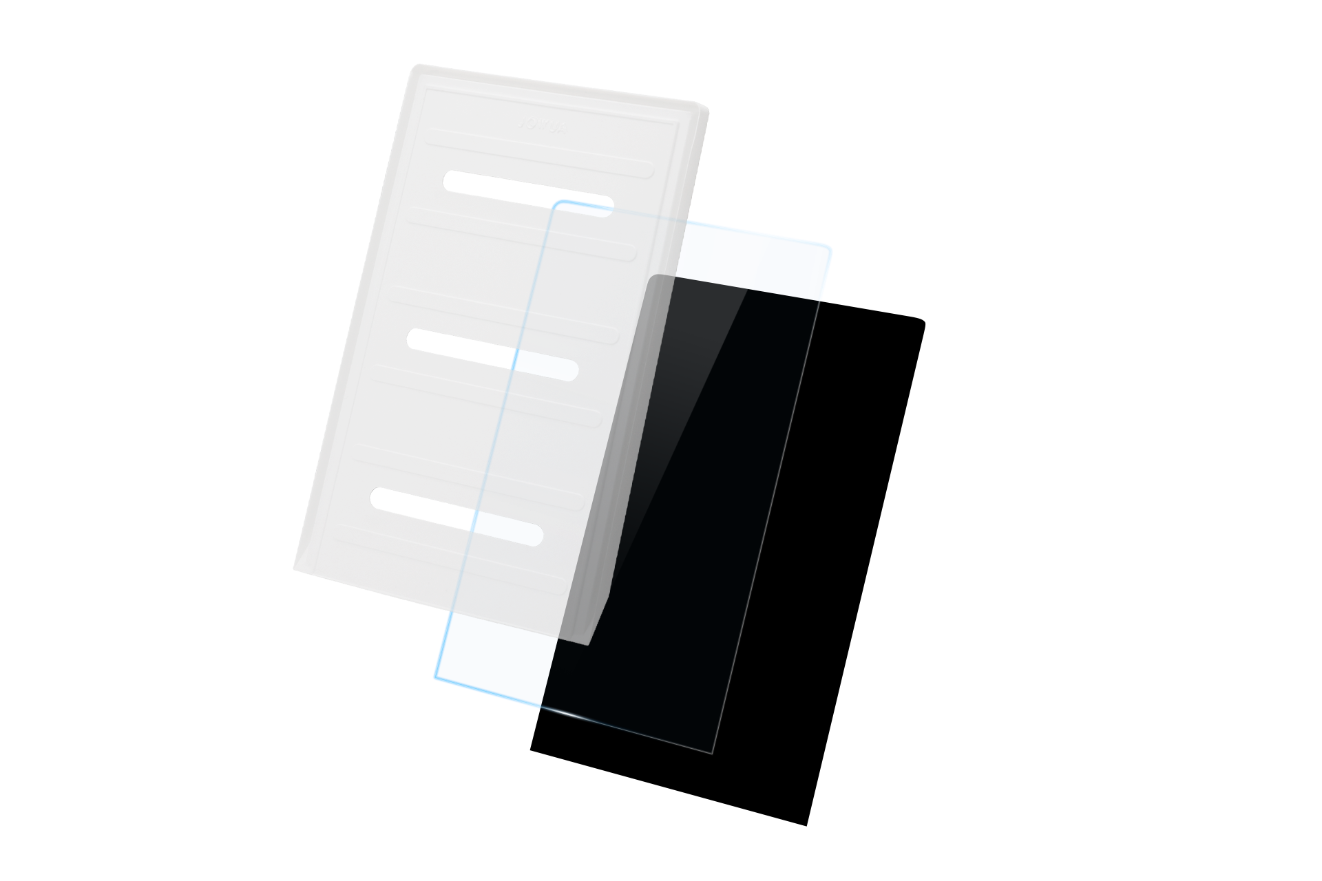 透明 JOWUA 台灣玻璃螢幕保護貼 (LUXGEN n⁷) 及其塗抹工具的插圖,採用 9H 硬度強化玻璃製成,邊緣帶有藍色輪廓。.