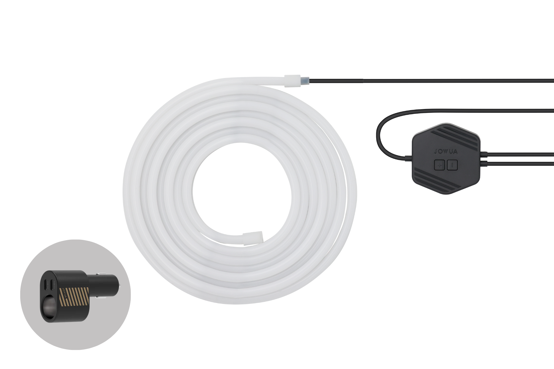 捲繞的白色 LED 燈條,搭配黑色控制器和電線,顯示在淺色背景上。插圖突出了一個黑色的小連接器,理想的 JOWUA Taiwan 後車廂氣氛燈|真言套索 (Model Y) 智能磁感應氣氛燈。.