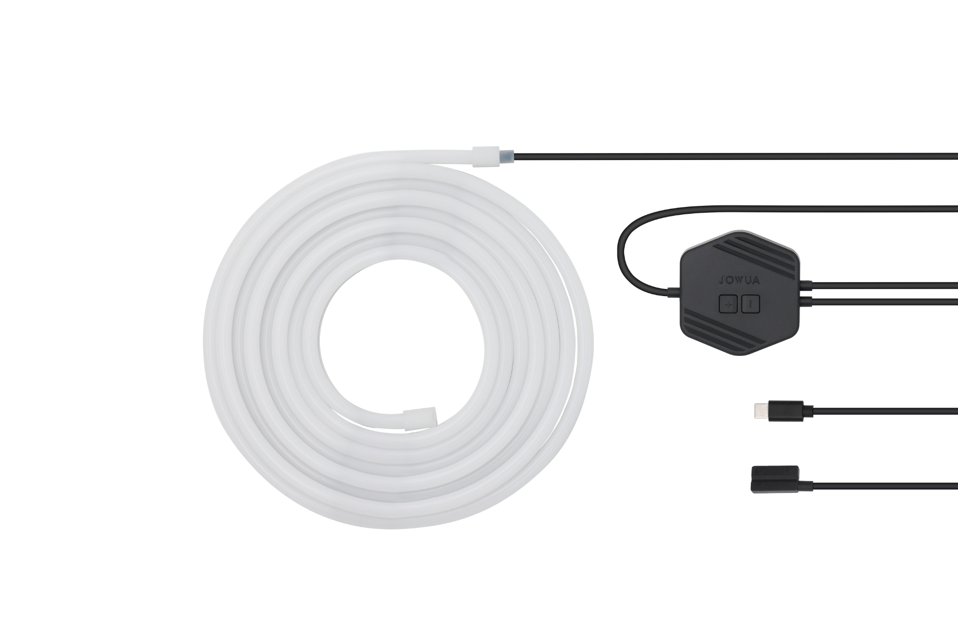 台灣 JOWUA 的後車廂氣氛燈|真言套索 (Model Y) 以白色 LED 燈帶捲繞,搭配黑色控制模組和 USB/USB-C 連接線,完美搭配 Tesla Model Y,以白色背景展示。.