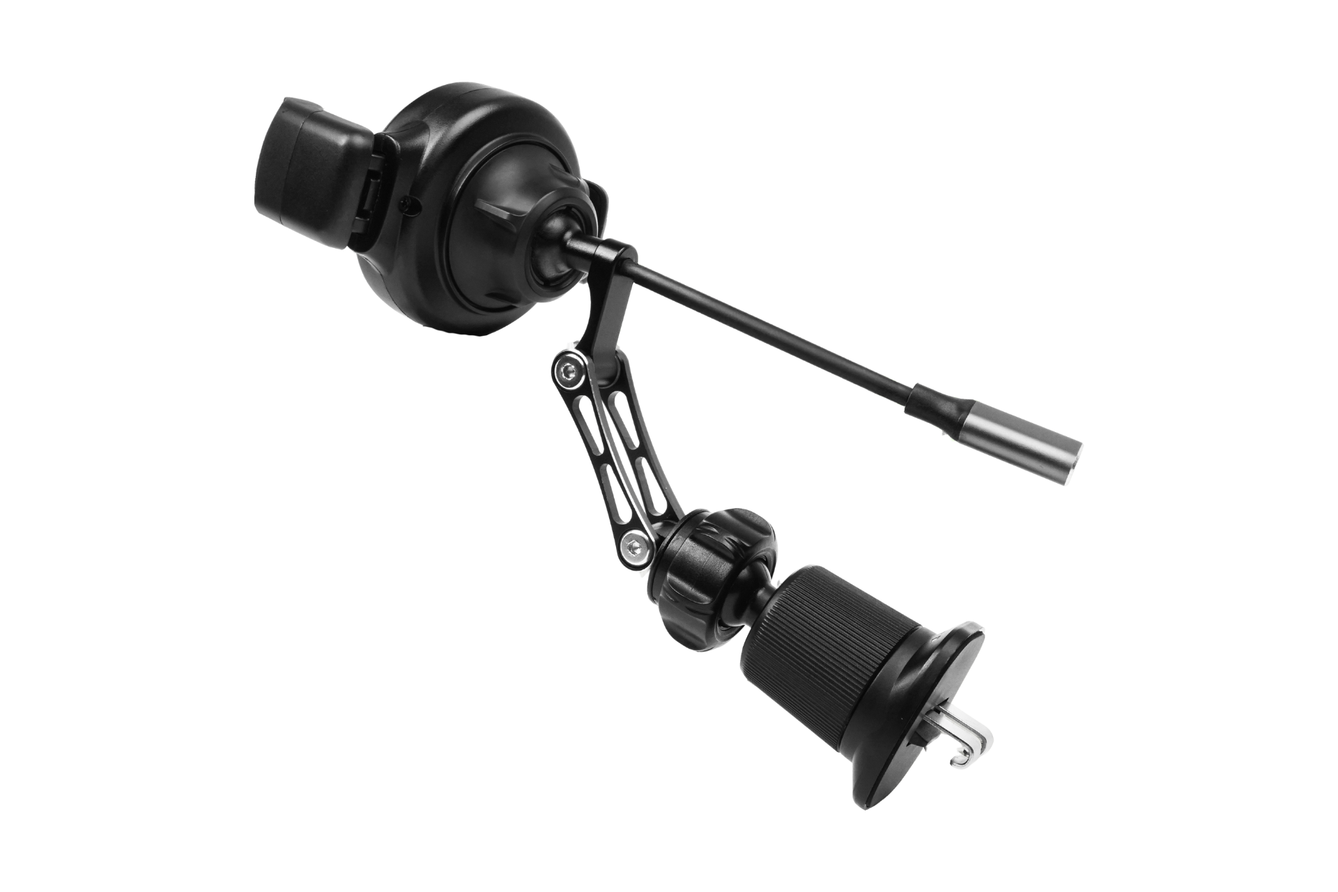 JOWUA 台灣出風口車架Qi2(滾輪款)是一款黑色機械裝置,具有兩個可調式臂和多個樞軸點。它的一端有一個圓柱形連接器,另一端有一個球狀部件,中間有一個桿,帶有可見的螺絲和接頭以增加耐用性。.