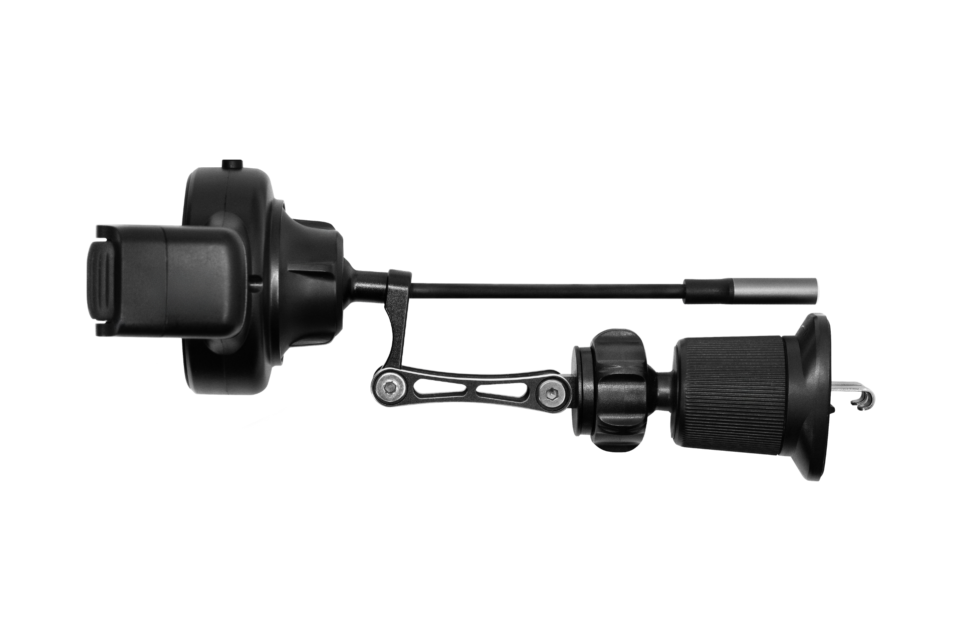 JOWUA 台灣出風口車架Qi2(滾輪款)是一款黑色電子設備,具有圓柱形馬達、可調式彈性滑輪夾臂和安裝支架配件。它水平顯示在白色背景上。.