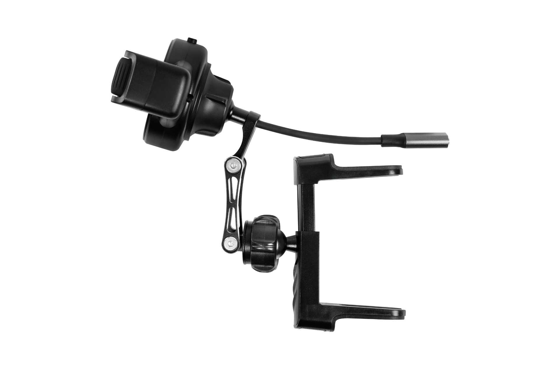 JOWUA Taiwan 出風口車架Qi2(滾輪款)是一款類似彈性滑輪夾臂的黑色機械裝置,具有可調節的組件、電纜和夾具結構。它包括多個螺絲和接頭,可靈活安裝,並以純白色背景為背景。.