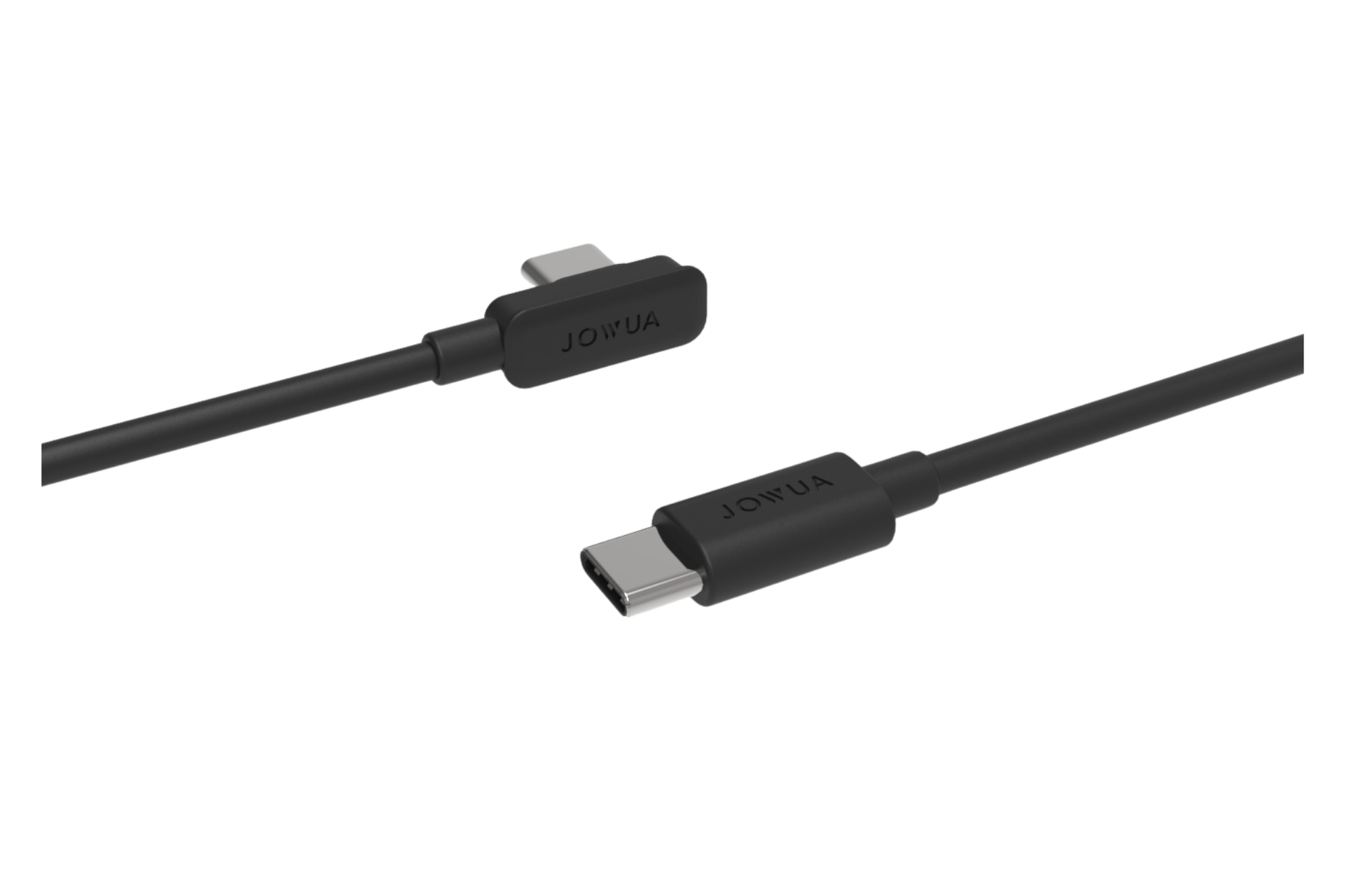 兩條黑色 USB-C 線的特寫,帶有 L 型接頭設計,連接器上印有“JOWUA Taiwan”字樣。電纜在白色背景上呈對角線放置,一個連接器朝上,另一個朝下。.