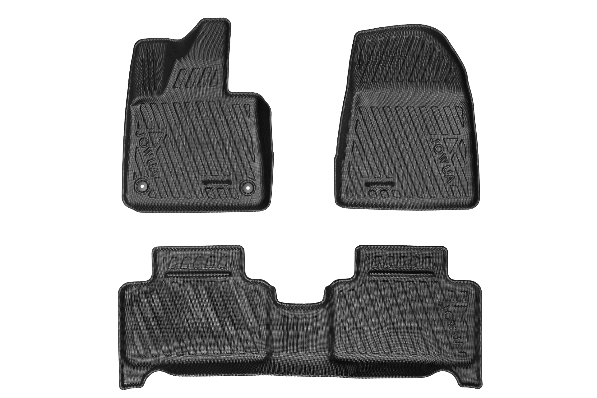 JOWUA Taiwan 立體防水腳踏墊 (Volvo EX30) 白底黑字。客製化腳踏墊具有立體加高防護、凸起邊緣及專利止擋收納功能。包括駕駛席、乘客席及大型後座墊,提供完整覆蓋。.