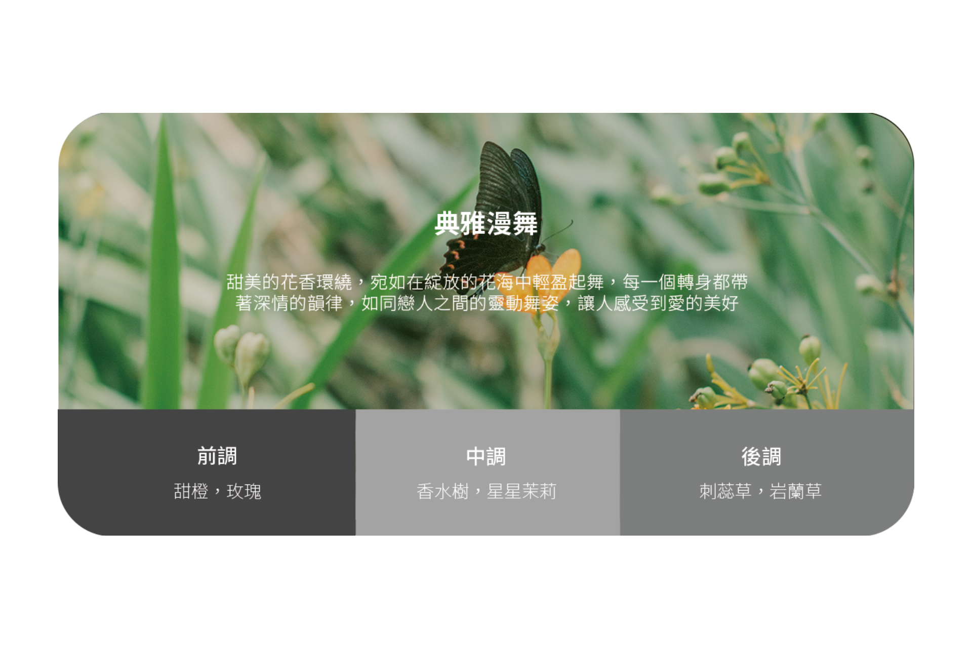 一隻黑蝴蝶停在綠草叢中的黃花上。中文文字疊加描述JOWUA台灣車用香氛香水:前調(甜玫瑰),中調(百合,茉莉),基調(廣藿香,香根草)植物性精油。.