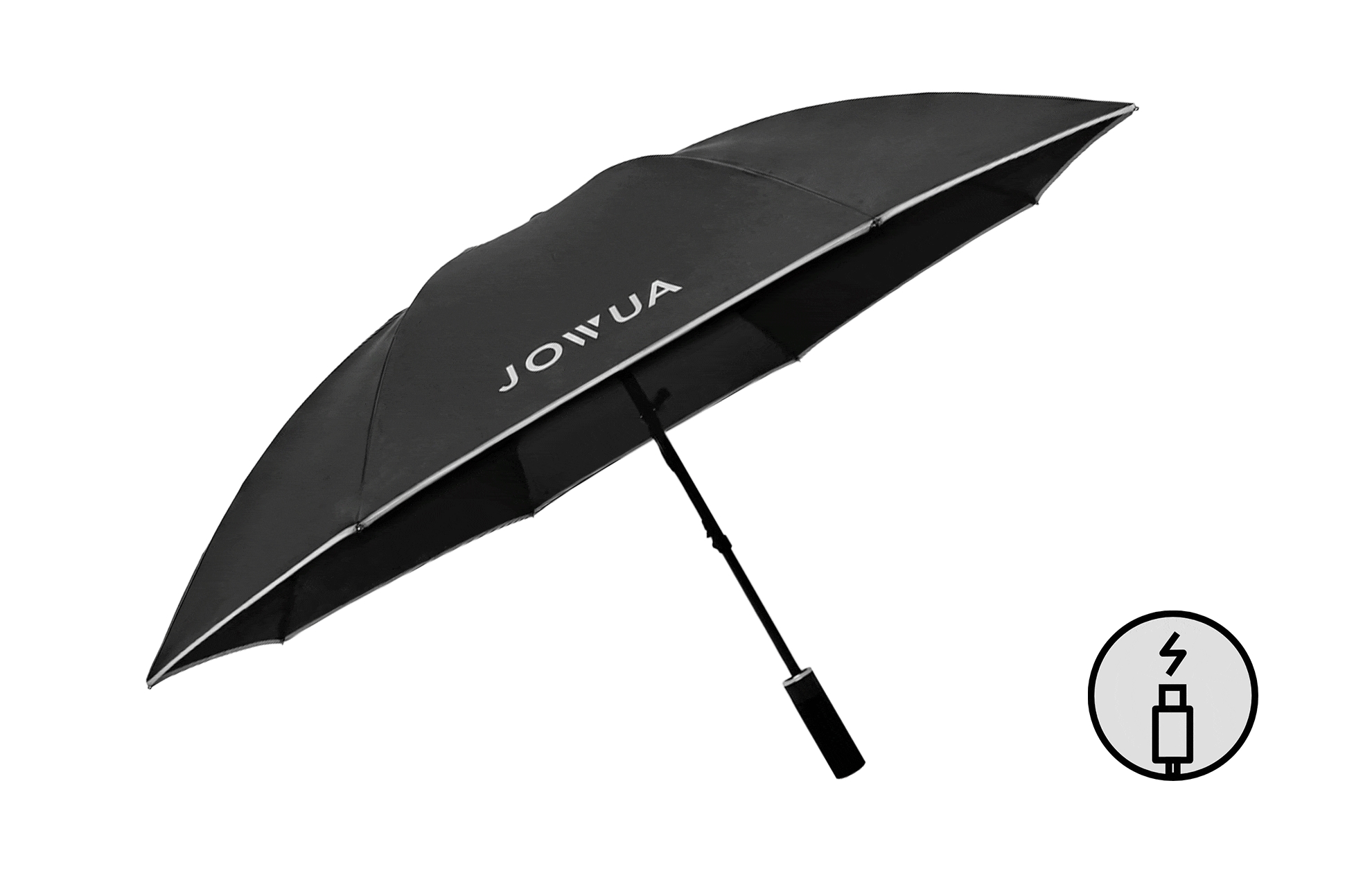 黑色的 JOWUA Taiwan 一鍵開收電動傘在白色背景下打開,具有晴雨兩用抗 UV 保護功能。在右下方,Type-C 充電電傘圖示搭配充電線和閃電,展現其現代便利性。.
