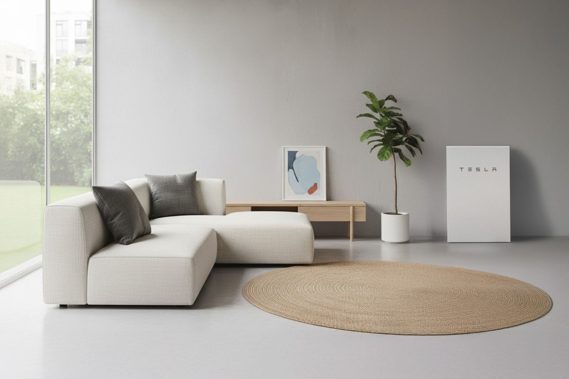 現代簡約的客廳中,白色組合沙發、灰黑色抱枕、圓形米色地毯、抽象藝術、盆栽,以及 JOWUA Taiwan Powerwall 現場展示,與淺灰色牆面天衣無縫地結合在一起。.
