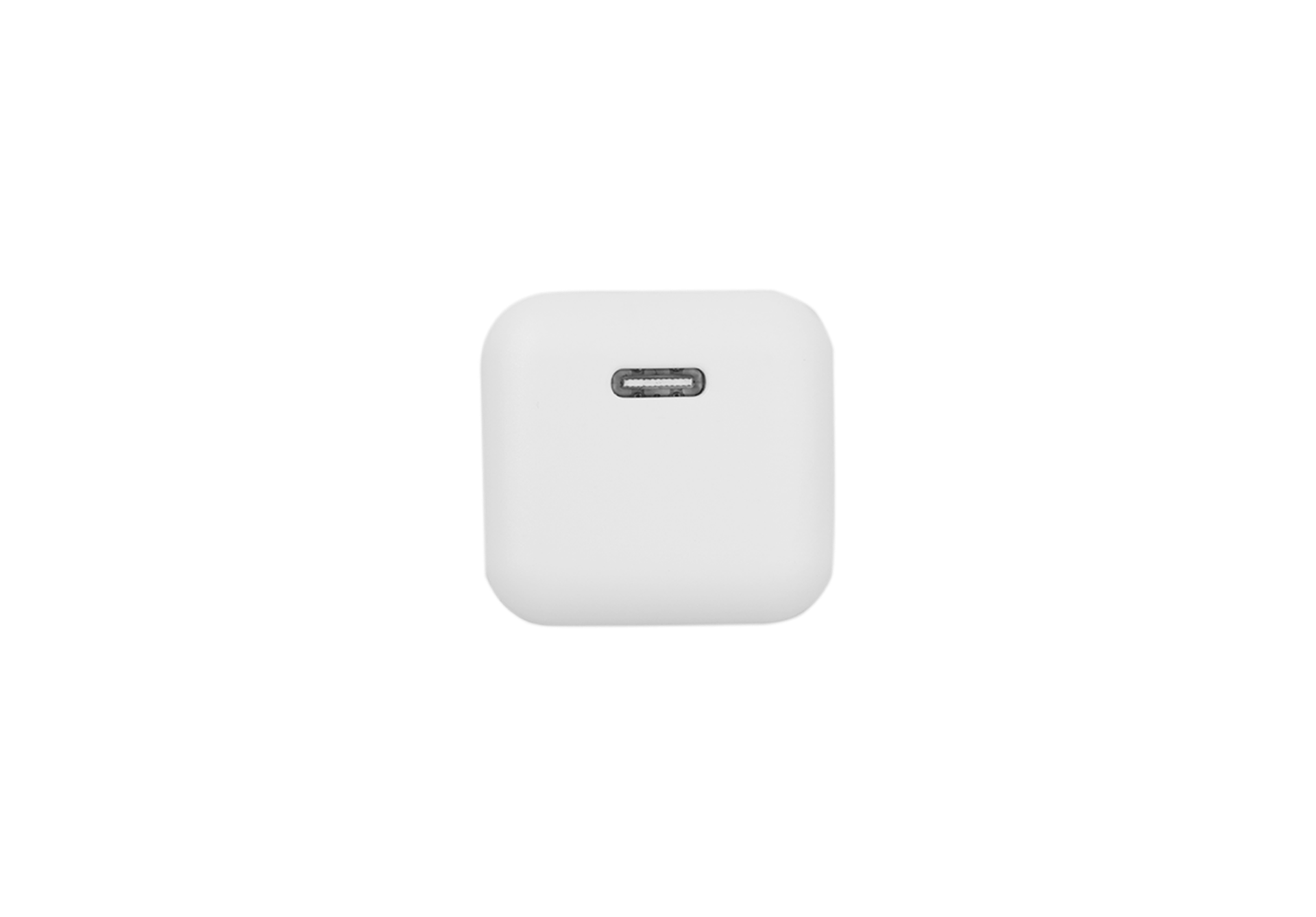 緊湊的白色方形 USB 電源適配器,帶有單個 USB-C 端口,在黑色背景下優雅地展示。它類似於高效車充,屬於台灣 JOWUA 的打氣機充電組合。.