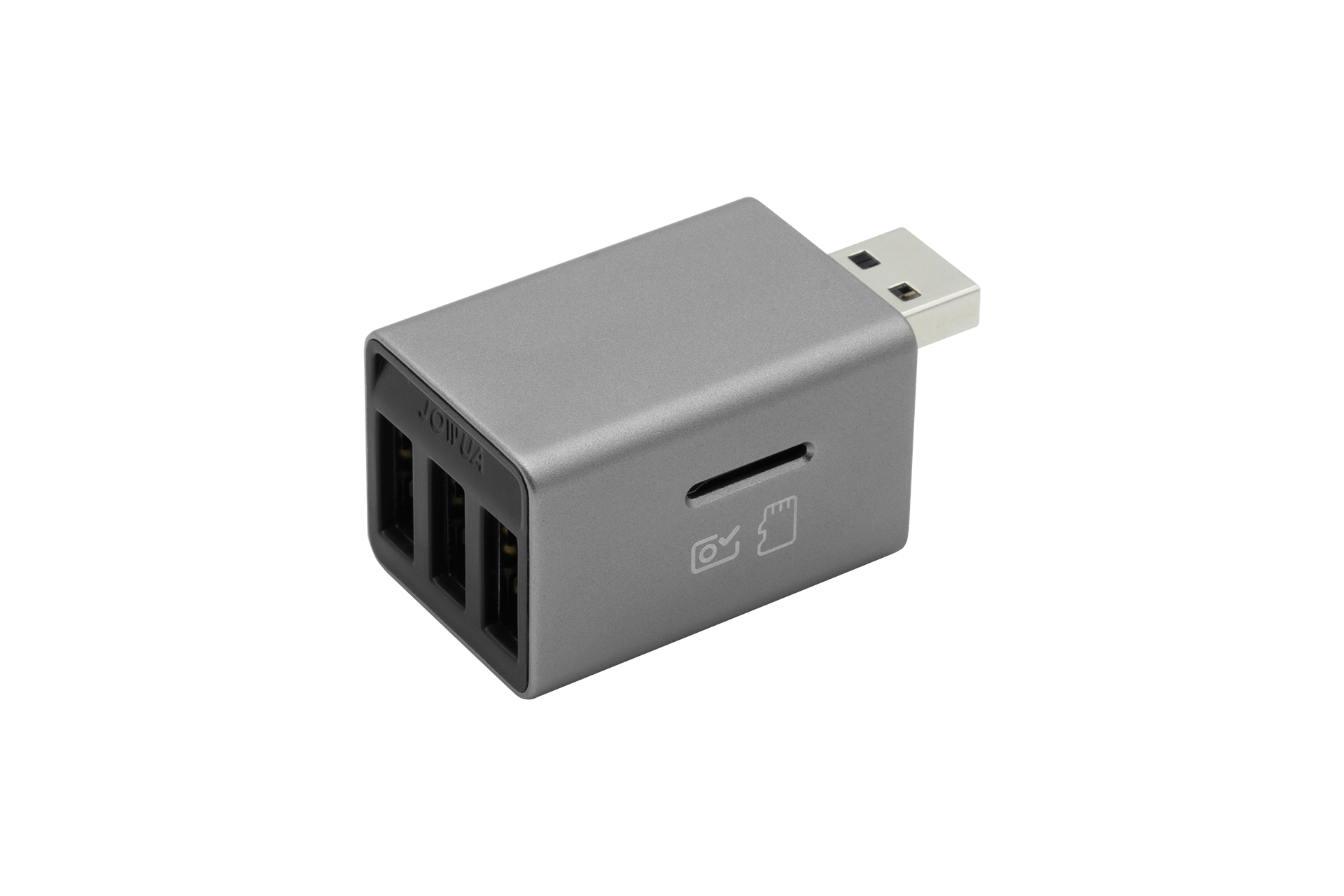 JOWUA台灣手套專用箱3口集線器+讀卡機是一款灰色U盤,雙口單USB接口,採用先進的USB3抗干擾技術。外殼上有相機和Jowua記憶卡圖標,表明其具有作為讀卡器或相關設備的多功能性。.