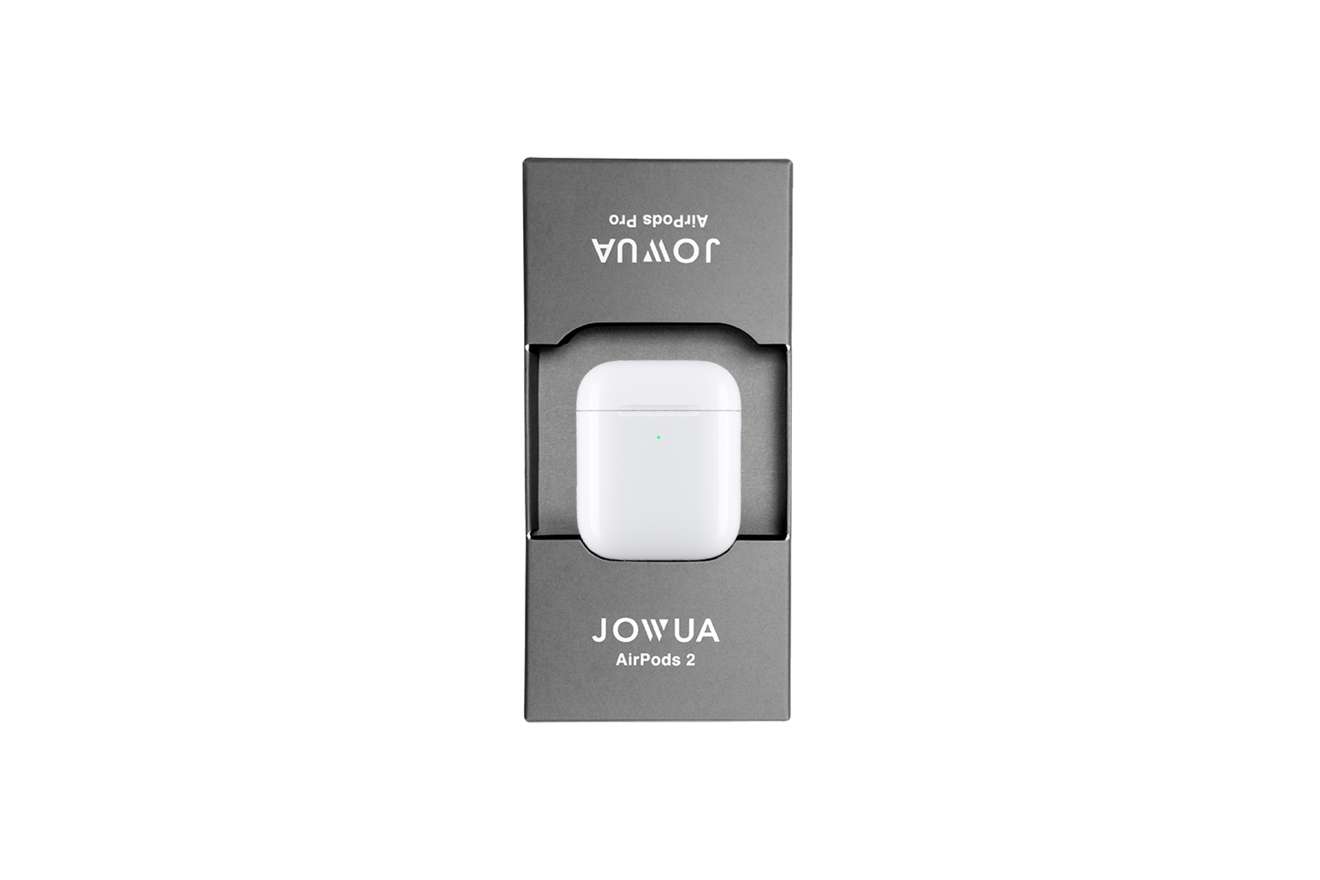 灰色的極簡包裝,展示JOWUA台灣出品的「AirPods 無線充電架」無線充電盒,上方倒寫著文字。.