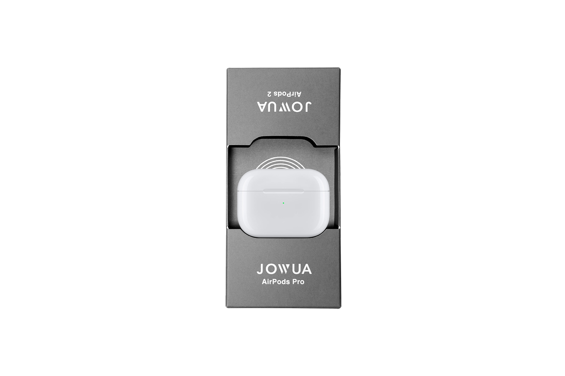 黑色包裝上配有白色 AirPods Pro 外殼,上面用反光文字標有“JOWUA Taiwan”,類似於 Model 3/Y 型號的設計。它具有綠色充電指示燈,在光滑的黑色背景下凸顯其先進的無線功能。.