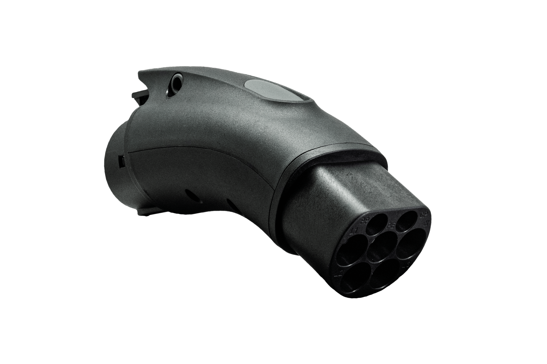 JOWUA 台灣 CCS2-AC (TYPE2) 轉 J1772 轉接頭的特寫展示了其時尚的黑色設計,帶有多個插座,非常適合連接到電動汽車充電端口。圓形插頭在純白色背景下脫穎而出,強調其現代美感。.