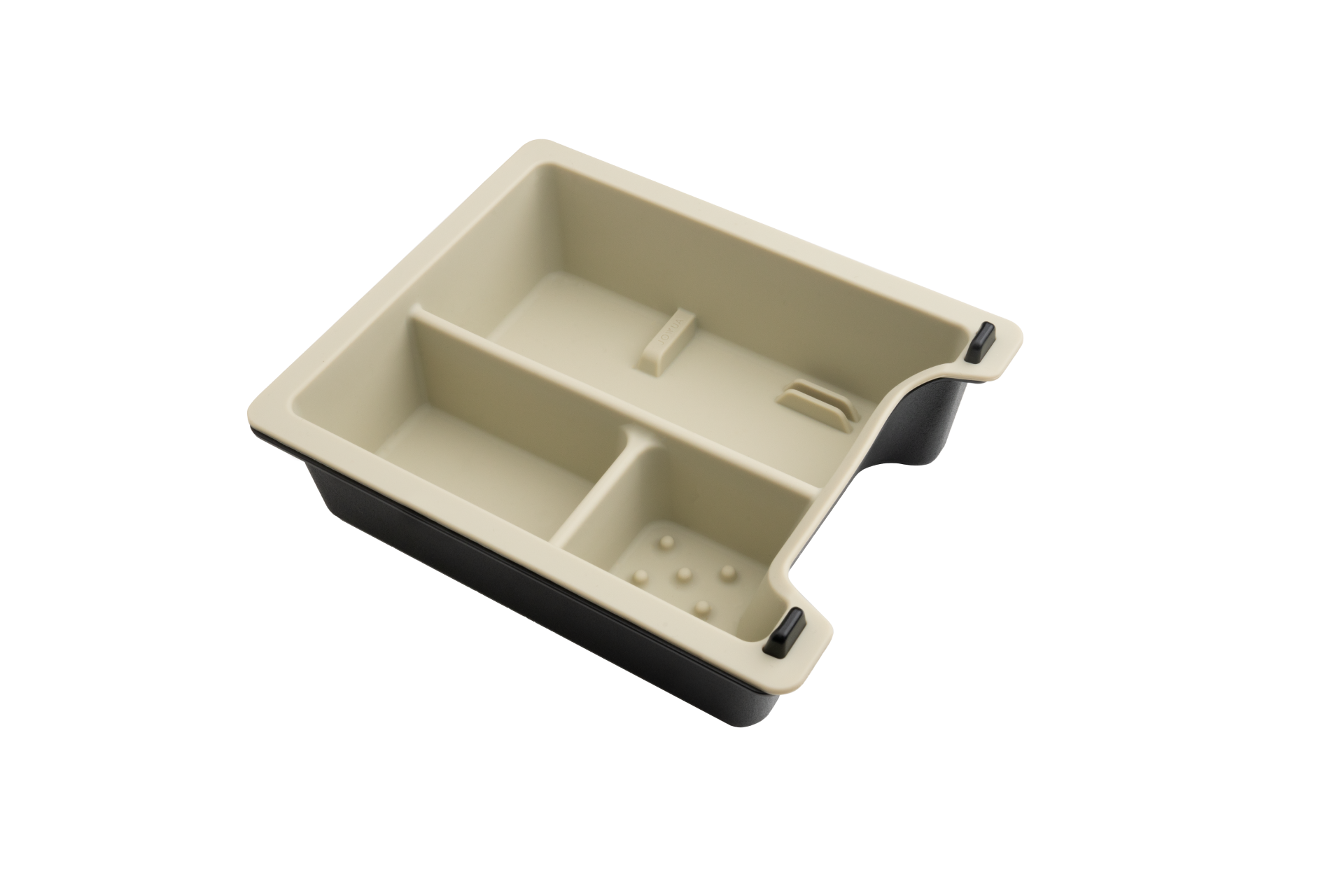 JOWUA Taiwan 的中控收納盒(2021+) 是一款米色和黑色的塑膠收納托盤,採用雙層設計,提供三個不同大小的隔間。它的設計適合放入抽屜,具有現代、實用的外觀,可與任何空間相得益彰。.