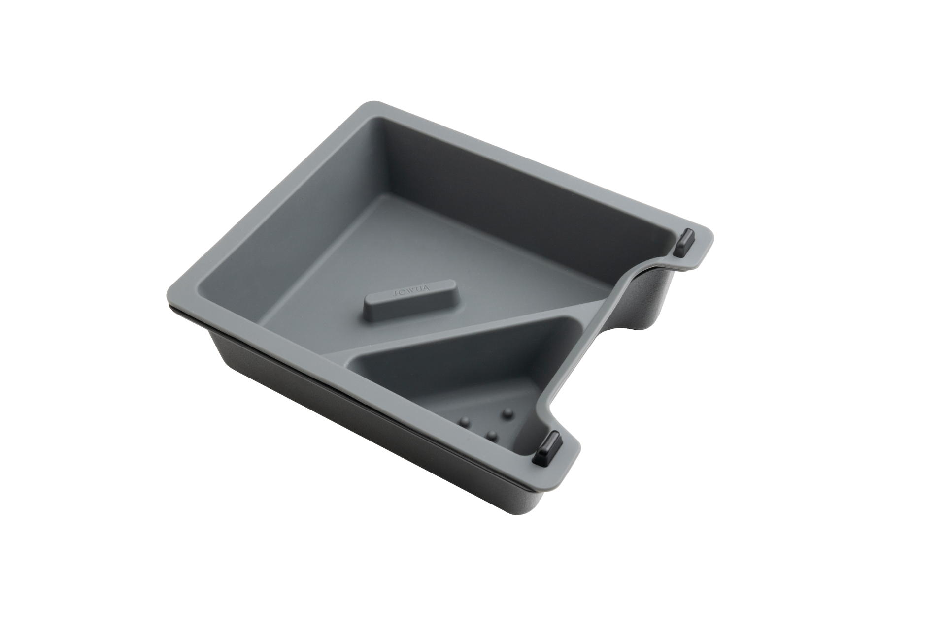 灰色長方形 JOWUA Taiwan 中控收納盒 (Model 3/Y 2021-2023),內含兩個隔層和一個餐具槽,其特色是開角設計,可蓋過邊緣--非常適合整理您的必需品,就像抽屜式收納盒一樣。.
