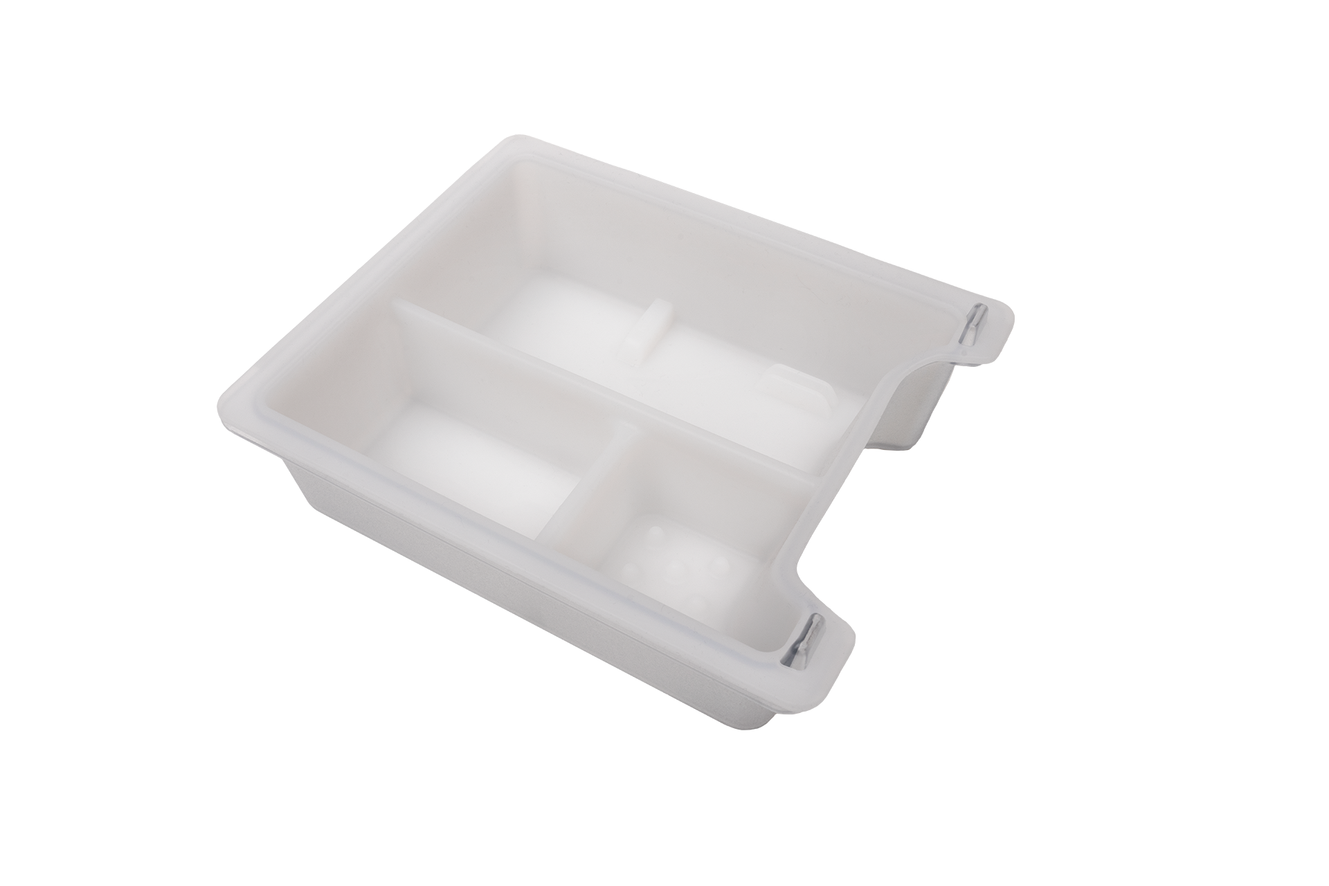 白色塑膠 JOWUA Taiwan 中控收納盒 (Model 3/Y 2021-2023),有三個隔層、圓形邊緣和一個側邊缺口,從上往下看是純白色背景。適用於 Model 3/Y 收納及特斯拉中控收納盒。.