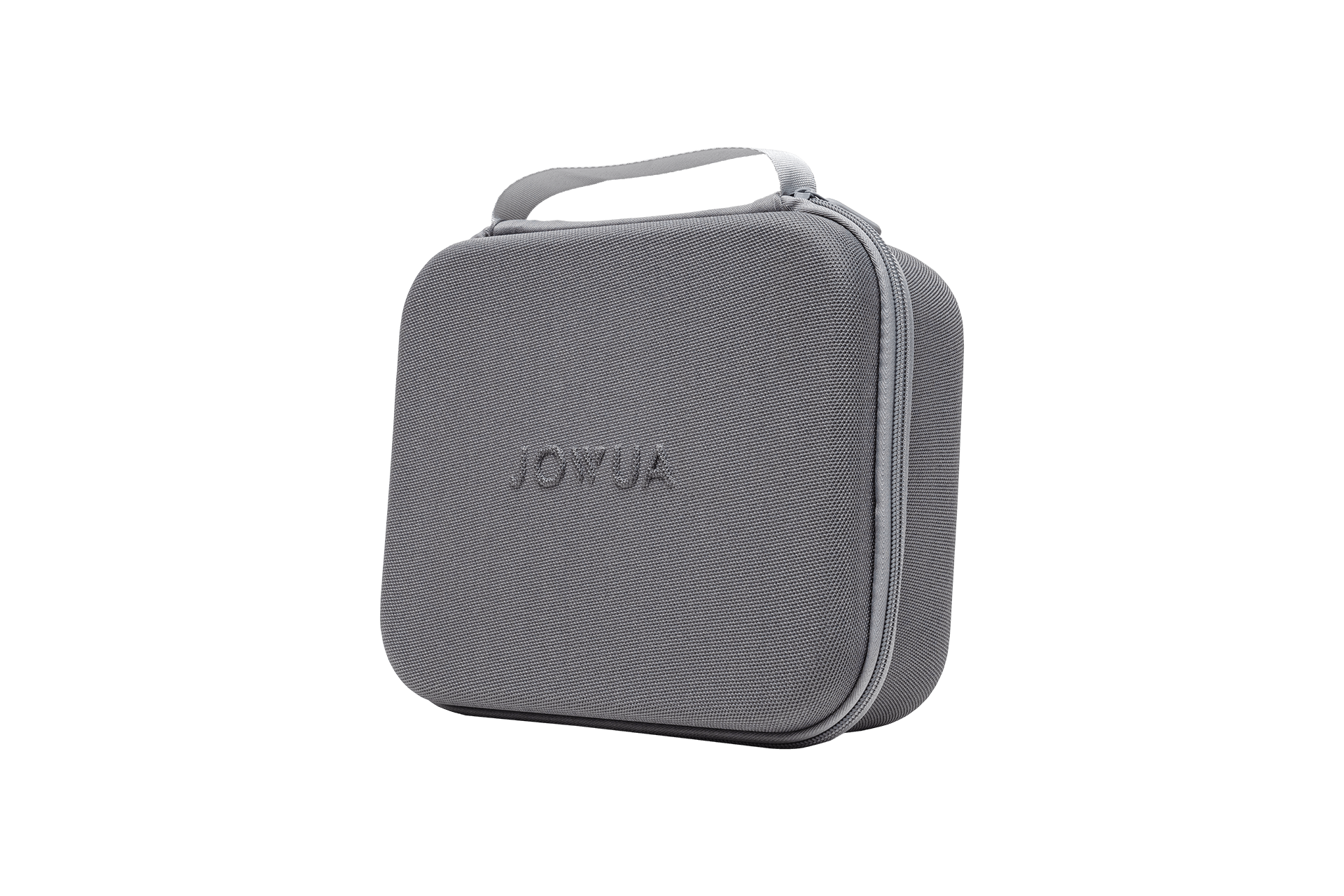 灰色方形手提箱配有頂部手柄和拉鍊,正面印有“JOWUA”品牌。它由紋理材料製成,並帶有密碼鎖以確保安全。盒子專為存放充電轉接頭收藏包 - J1772/CCS1車主而設計,以黑色背景呈現。.