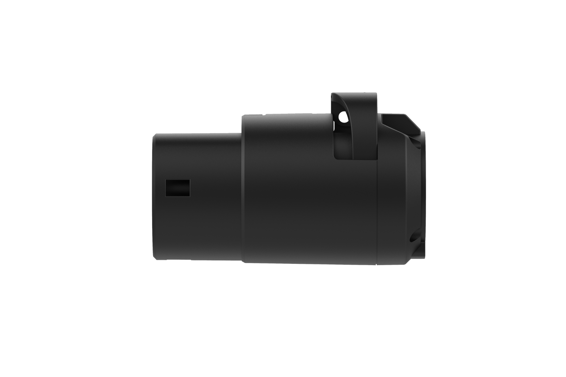 JOWUA台灣J1772至CCS2-AC(TYPE2)V3.5適配器具有黑色圓柱形形狀,帶有啞光飾面,包括矩形切口和小支架,展示了其與J1772充電器的兼容性。它水平顯示在純白色背景上。.