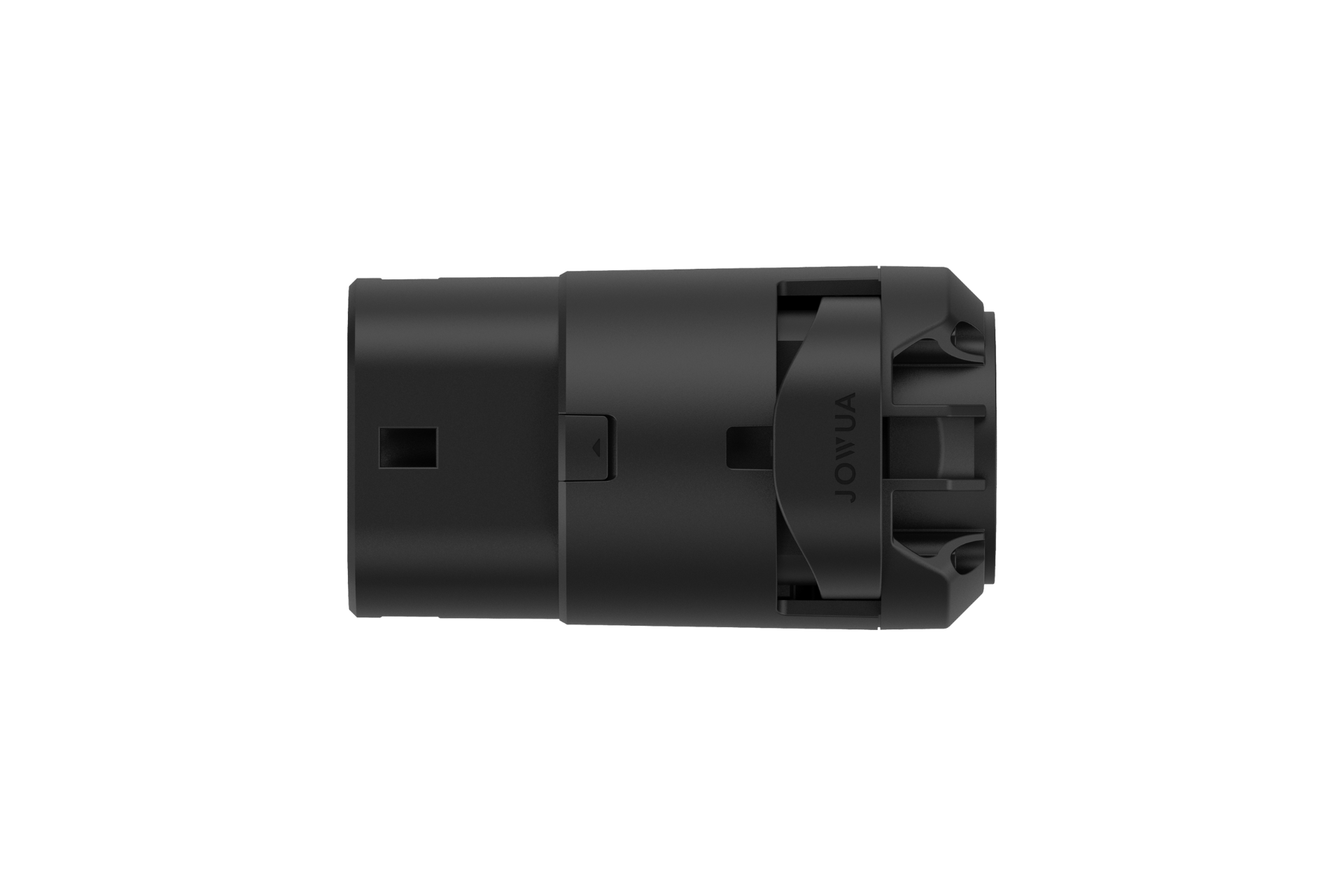 這款黑色圓柱形 JOWUA 台灣 CCS2 轉接器具有光滑的表面、側面有兩個矩形切口以及帶有文字和幾何設計的標籤端。它似乎是更大設備的一部分,提供 J1772 充電器相容性。.