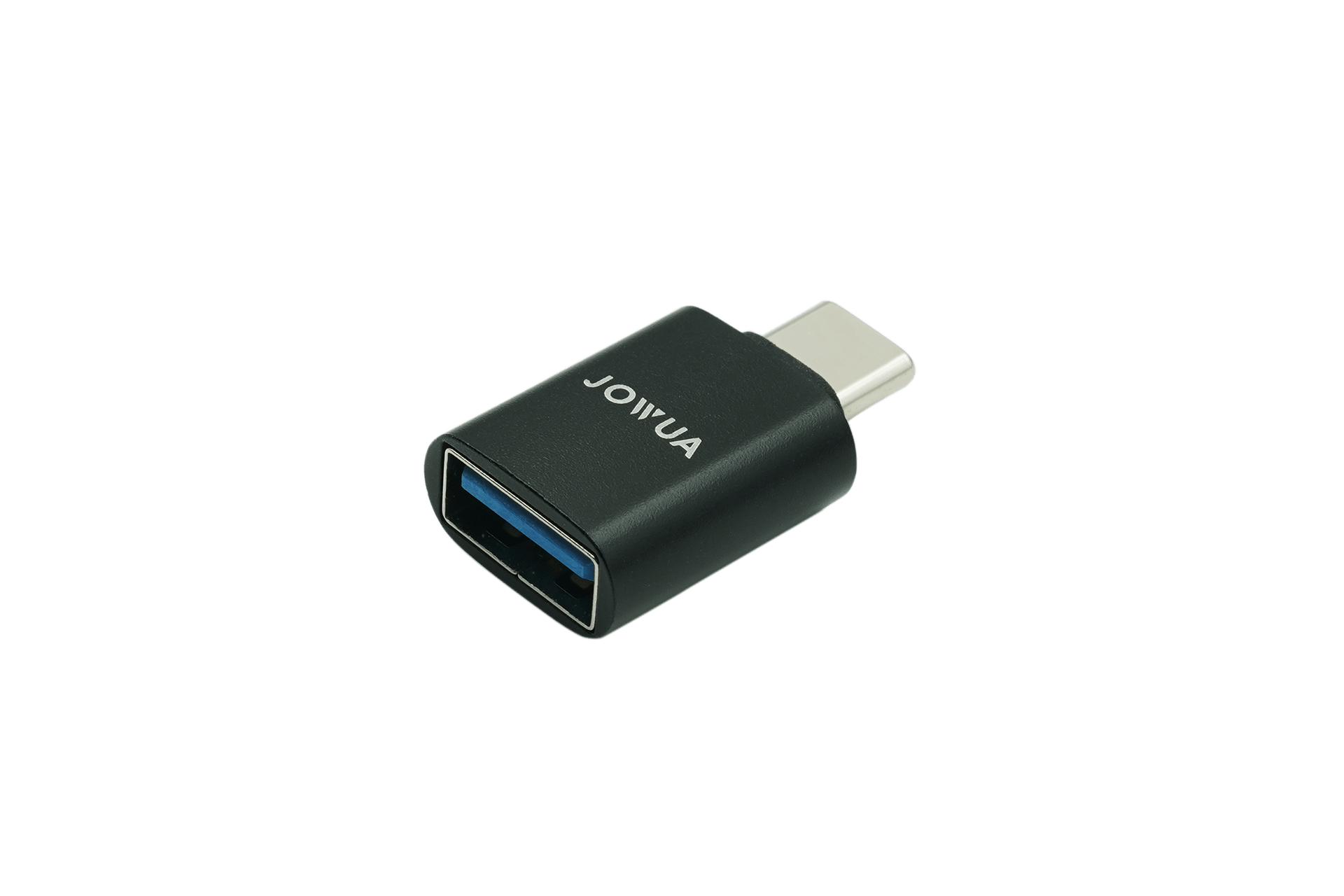 光滑的黑色 JOWUA 台灣 USB-C 轉 USB-A 轉接頭(僅供電)位於白色背景上。它非常適合特斯拉車主,其可靠的 USB-C 連接埠設計和優雅的白色“JOWUA”字樣可確保無縫連接和充電。.