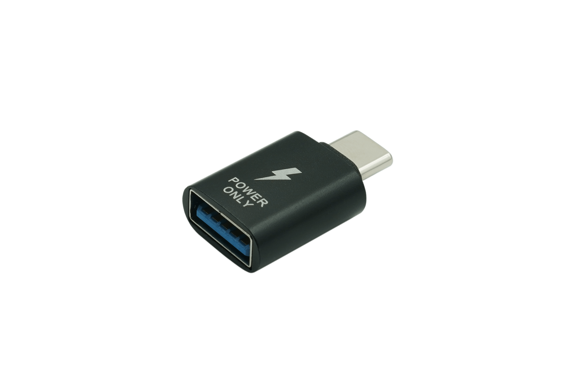 JOWUA 台灣 USB-C 轉 USB-A 轉換器(僅供電)是一款光滑的黑色矩形充電轉換器,帶有藍色的僅供電 USB 連接埠和閃電符號。它是挑剔的特斯拉車主的理想選擇,可與任何優雅的純黑色環境相得益彰。.