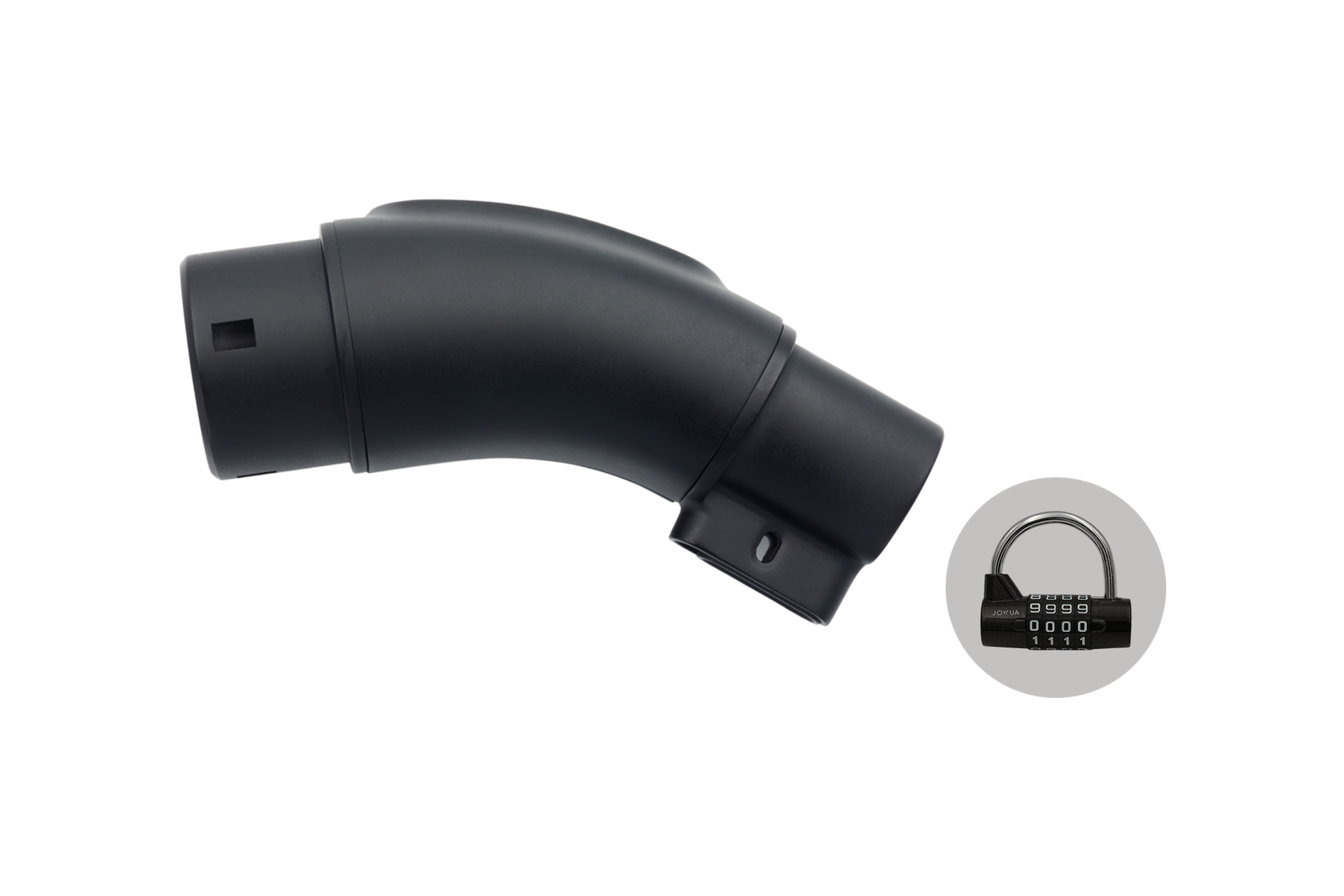 白色上顯示黑色彎曲管件,內嵌 JOWUA Taiwan CCS2 DC & AC 快慢充萬用組,perfect 用於固定電動車快充和充電站連接。.