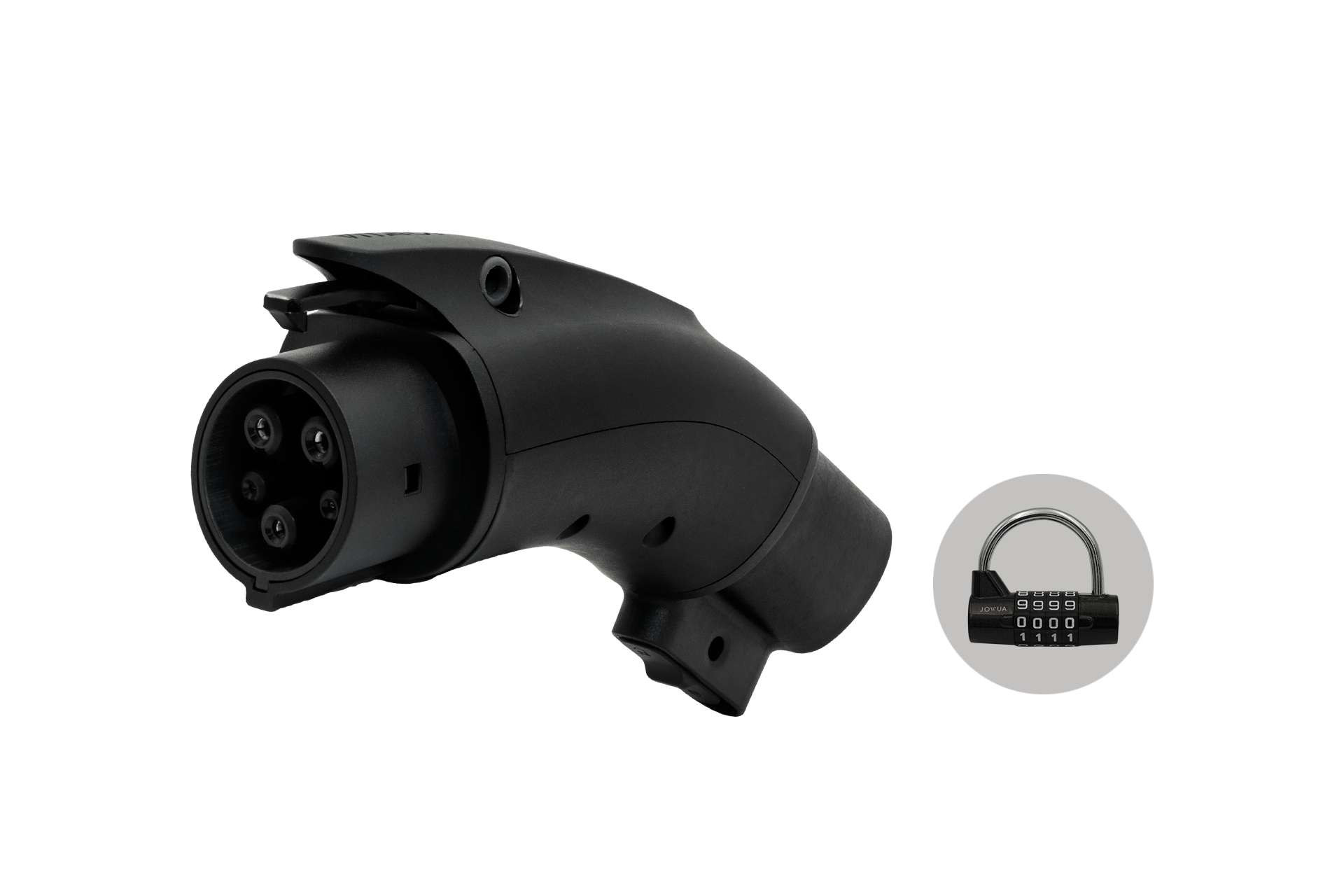 左側為JOWUA台灣CCS1快慢充萬用組,是一款黑色電動車充電插頭,圓形端,相容第三方網路。右側有一個灰色圓圈上的黑色密碼掛鎖的插圖,突出顯示了安全要點。.