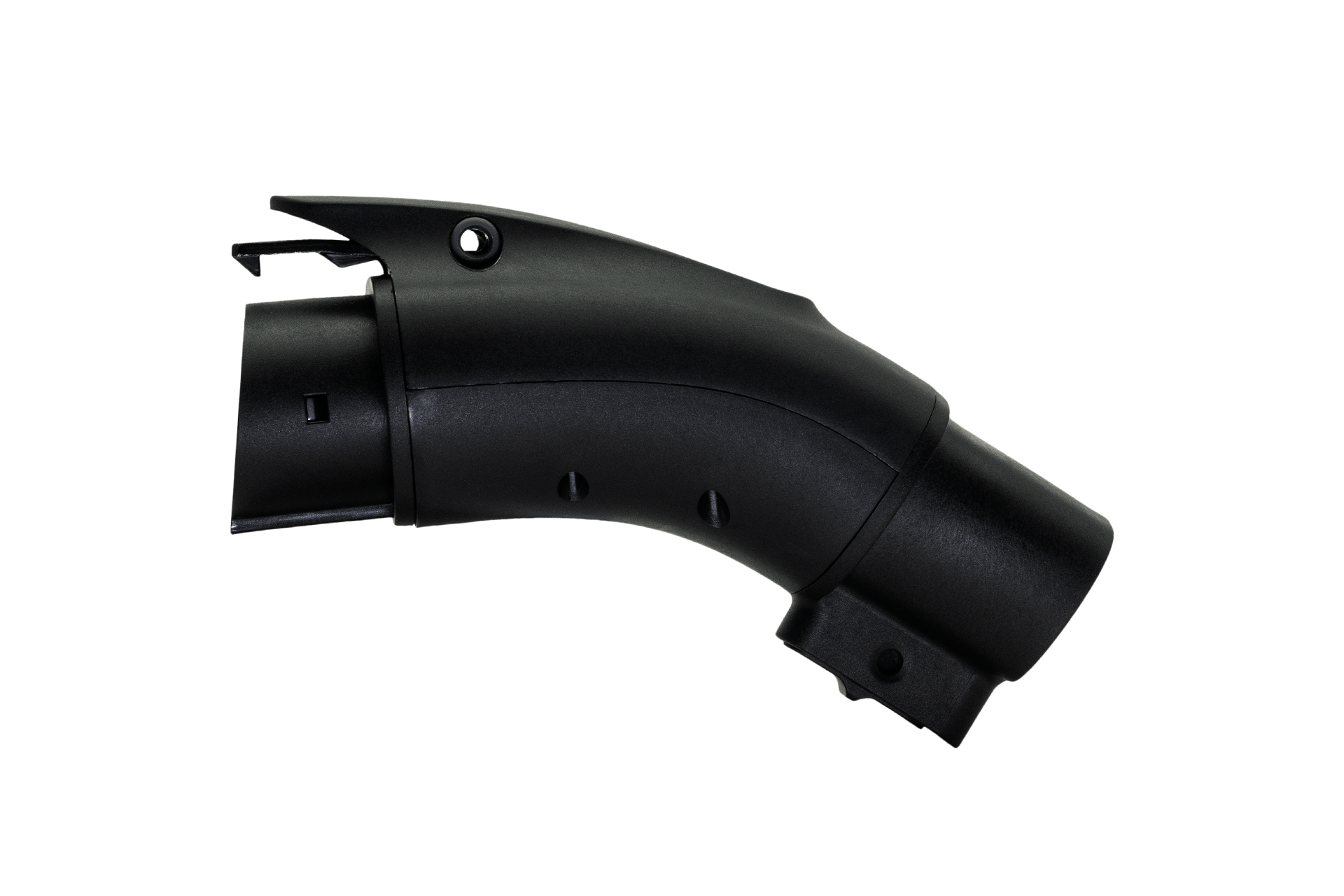 JOWUA台灣CCS1快慢充萬用組的特寫,這是一款用於CCS2轉CCS1轉接器的黑色弧形充電插頭。它採用時尚設計,白色背景上可見直流和交流連接器,強調與第三方網路的兼容性。.