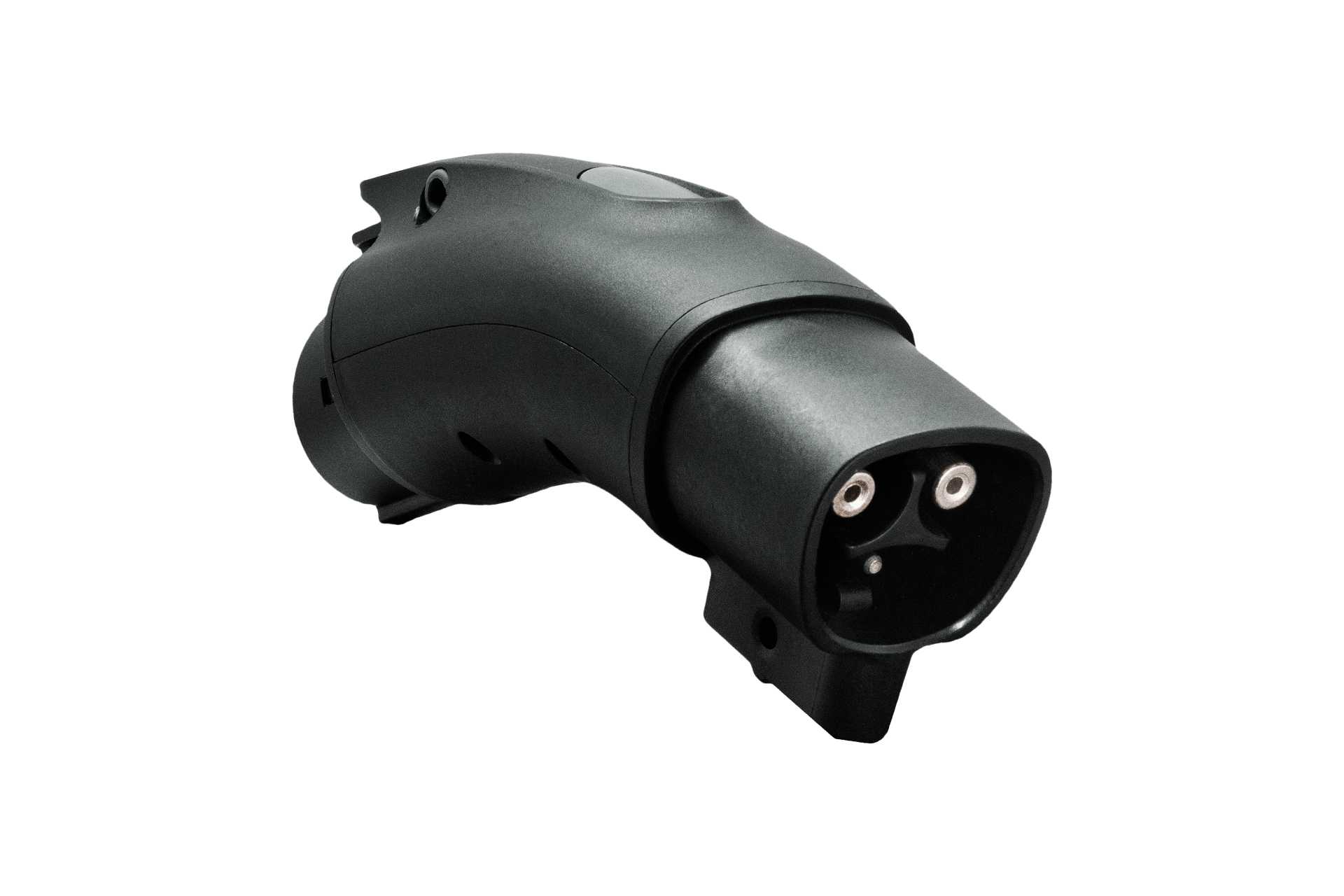 JOWUA台灣CCS1快慢充萬用組的特寫,這是一個黑色電動汽車插頭,帶有兩個主要圓形連接器和堅固的設計,與第三方網絡兼容,用於無縫直流和交流充電,隔離在白色。.