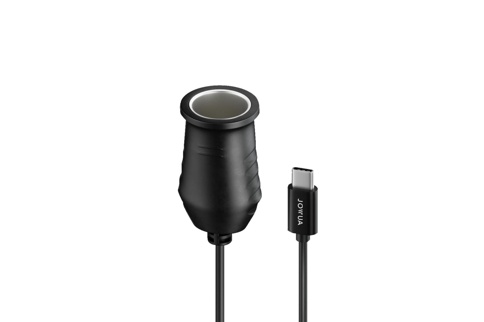 A black cylindrical electronic device called USB-C 轉點菸器轉接頭, ideal as a 車內充電器 with an attached USB-C cable. The cable features a JOYUA connector for seamless connections to your 車用電子產品.