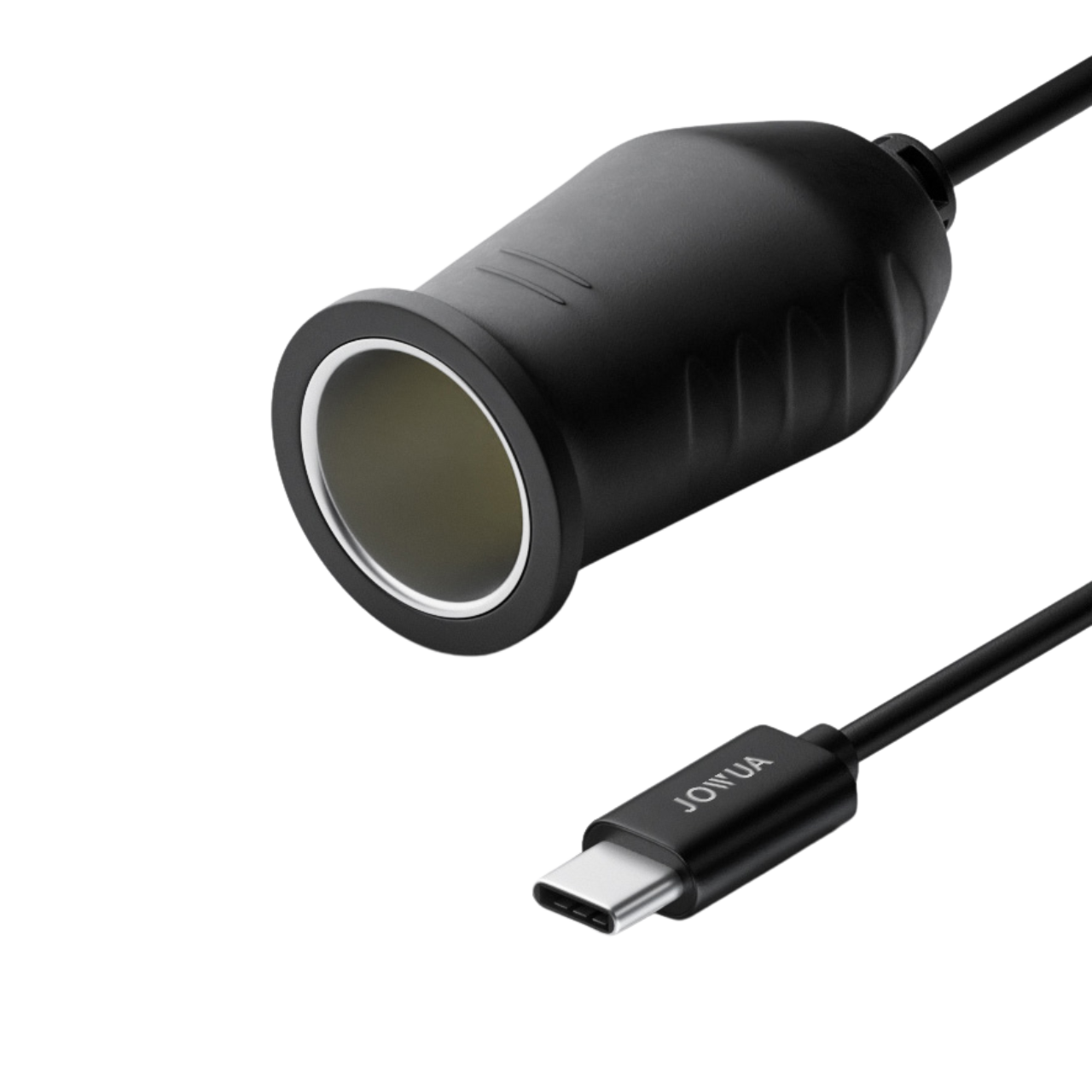 A black USB-C 轉點菸器轉接頭 is shown. This car electronics product features a sleek design, a smooth finish, and a silver ring around the socket. The USB-C connector is attached to a cable labeled JOVUA.