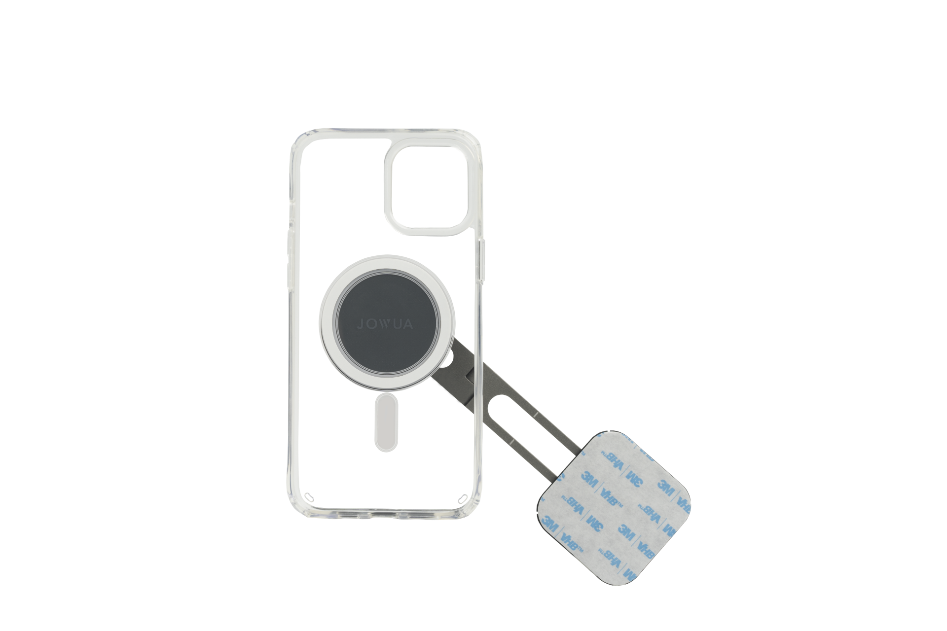 JOWUA 台灣 MagSafe 透明保護殼是一款透明的 iPhone 保護殼(12/11 系列),帶有圓形磁性支架、金屬條和 3M 膠墊。它兼容雙攝像頭型號並支援無縫無線充電。.